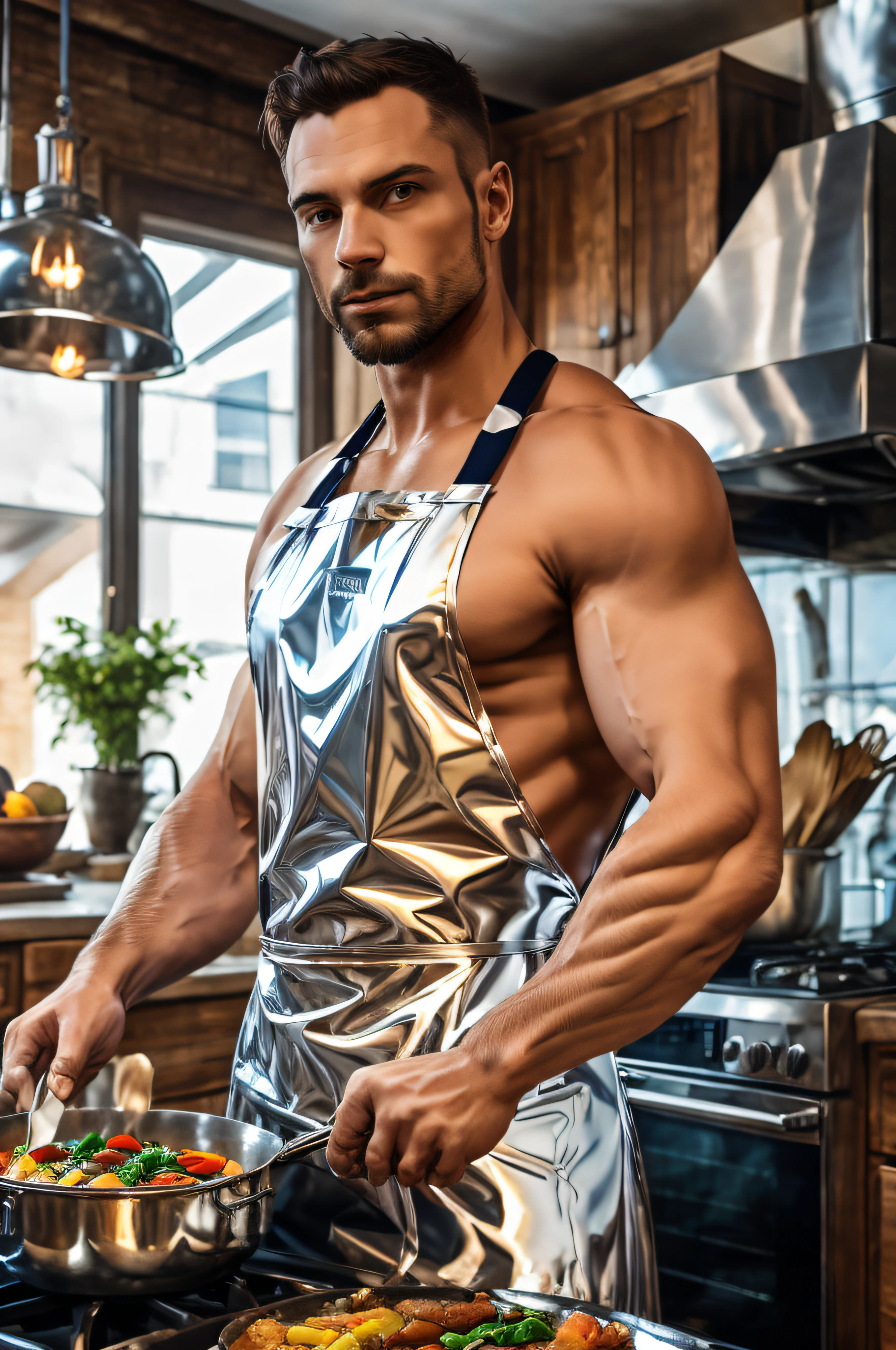 Man cooking in chrome apron