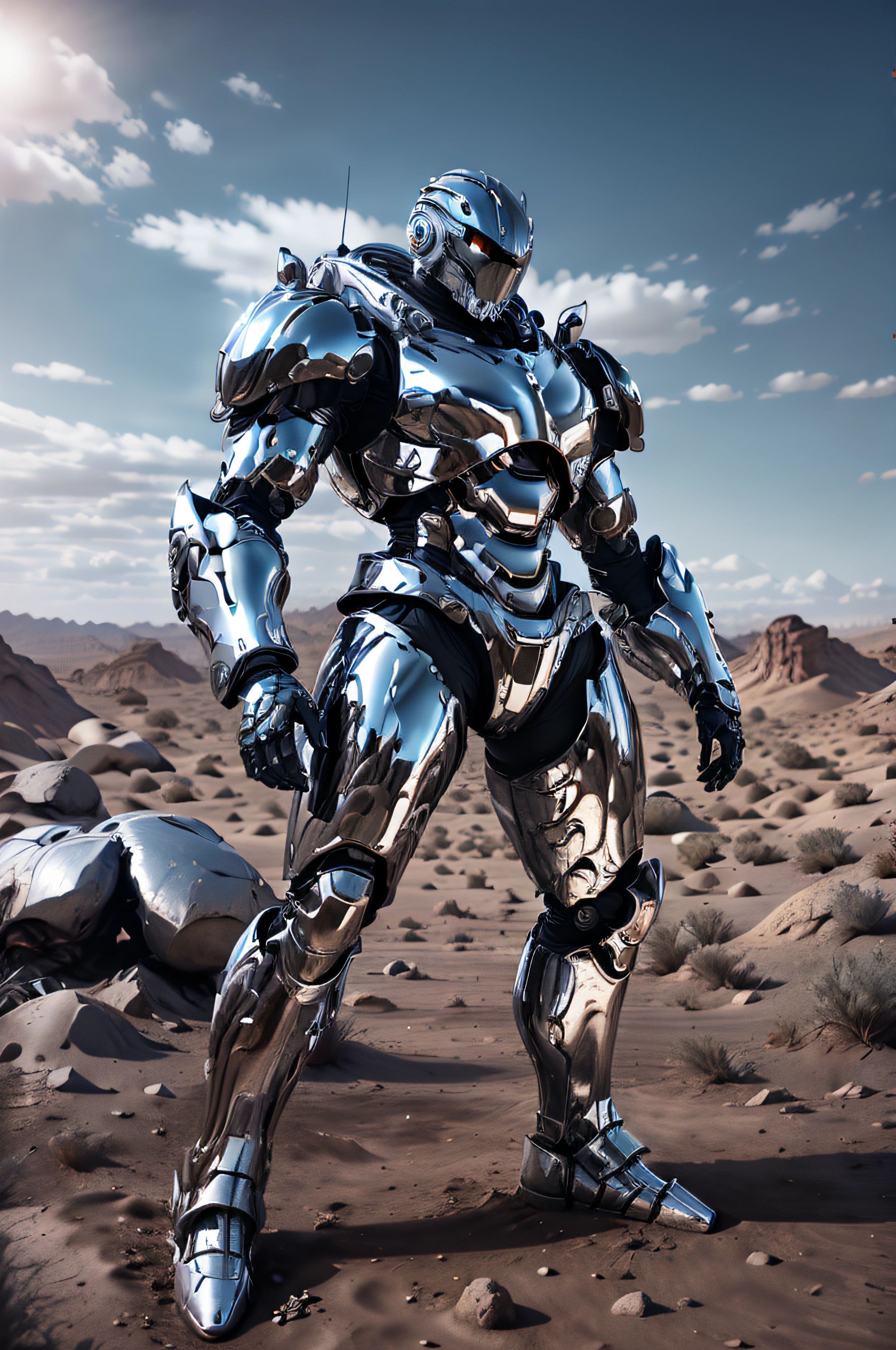 Chrome cyber robot in the desert wastelands