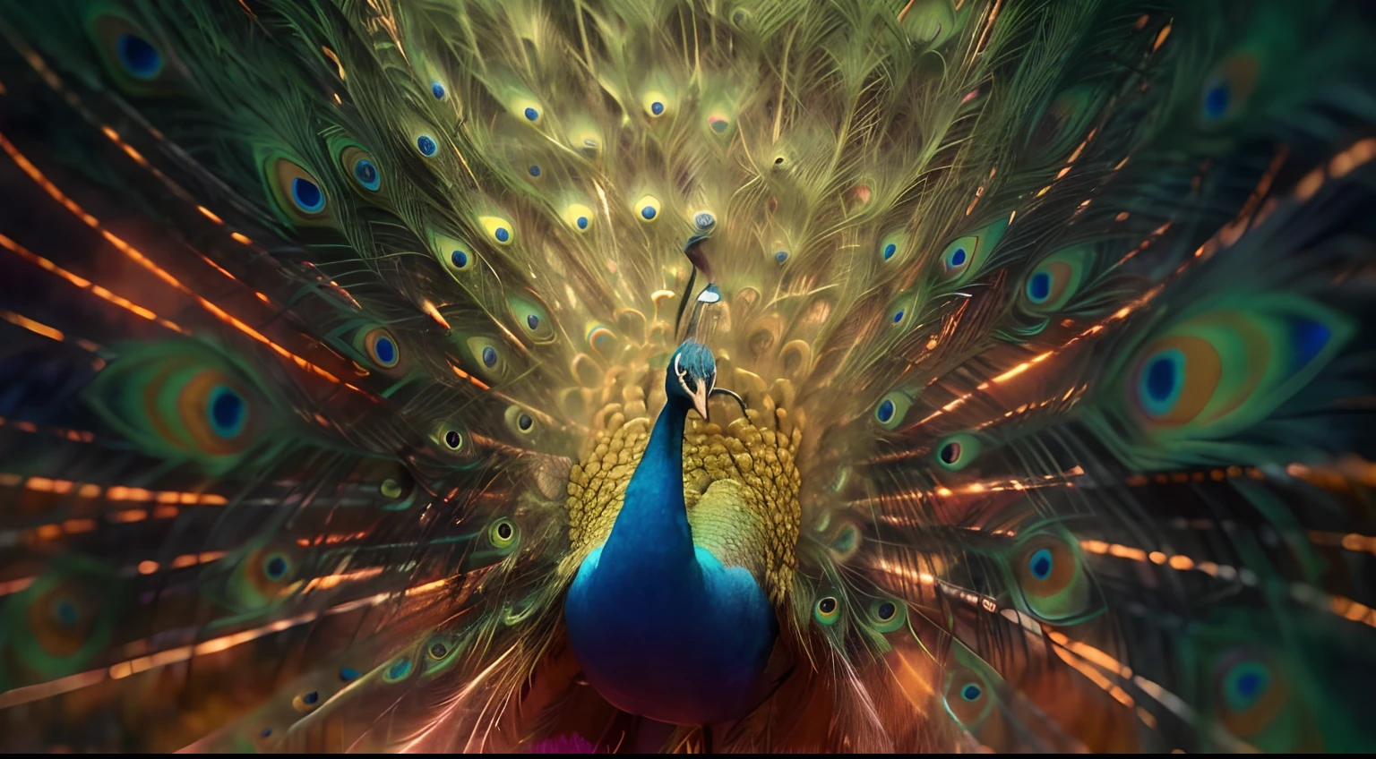 peacock with its tail spread out in front of a colorful background, peacock, peacock in the desert, peacock colors, colorful plumage, 9 brilliant peacock tails, peacock. intricate, beautiful digital artwork, peacock feathers, 9 peacock tails, realistic colorful photography, beautiful composition 3 - d 4 k