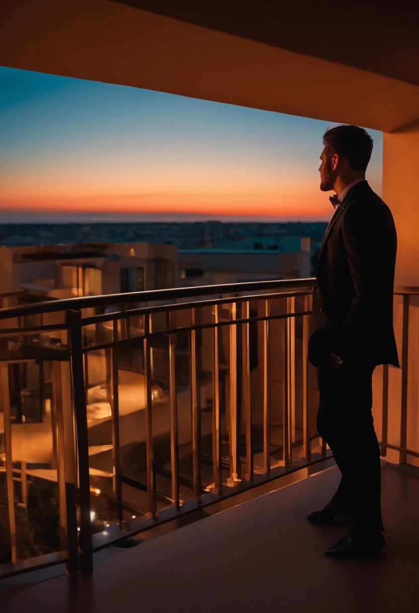 Modern man in black suit on balcony watching the sunset