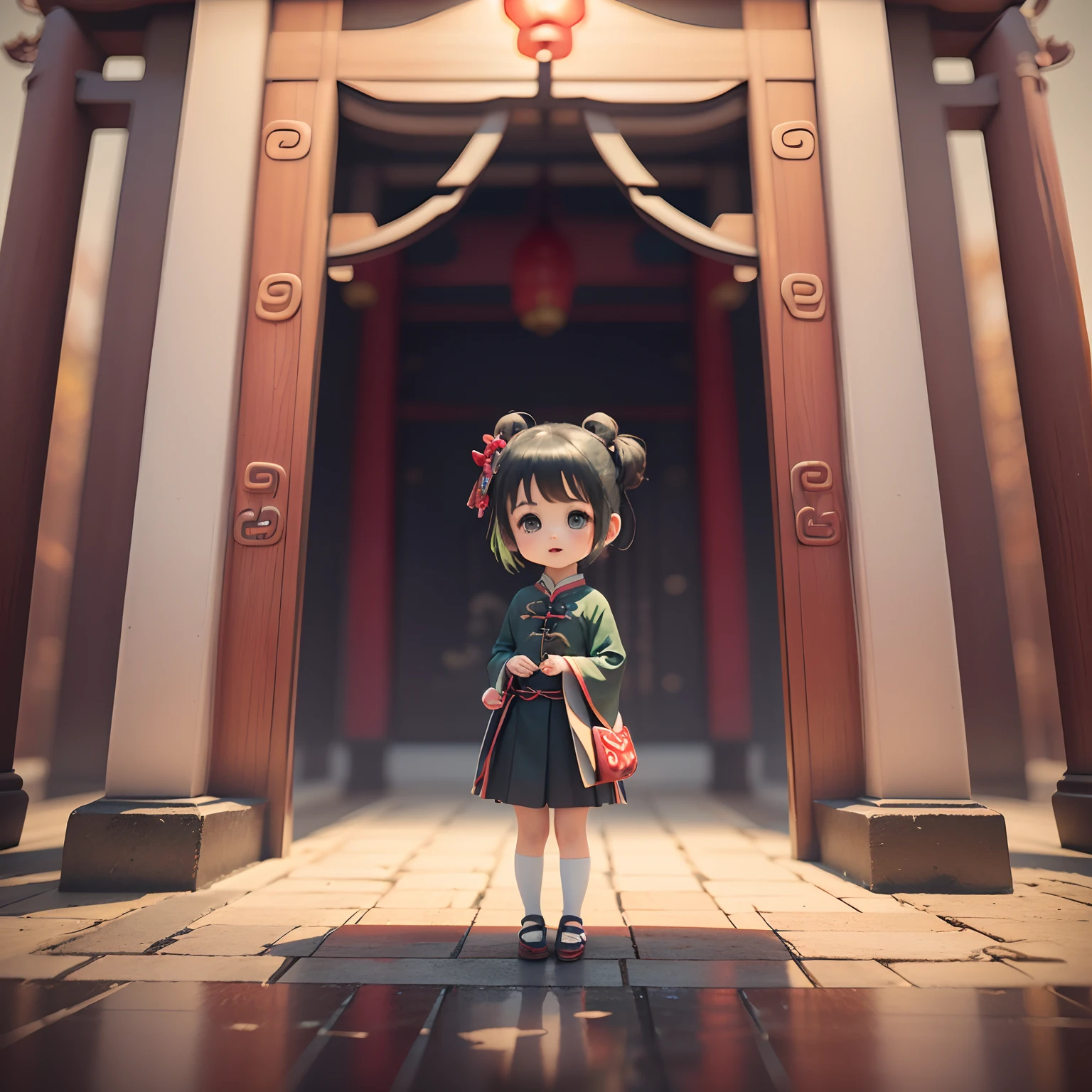 Design a children's day poster with traditional Chinese elements. The main focus should be an adorable child wearing a traditional Hanfu (Chinese clothing) with a bright smile. Surround the child with vibrant traditional paper-cut art, such as auspicious characters, animals, or flowers. In the background, depict traditional Chinese architecture like palaces or courtyard houses in soft colors. Add traditional decorations like red lanterns, fans, and paper cranes around the poster. Incorporate traditional Chinese patterns at the top or bottom, such as cloud motifs, longevity characters, or festive flowers. --auto