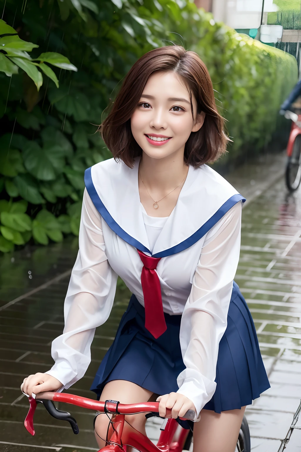 One Girl in the Rain、Blushing cheeks、((Red Bicycle))、((Riding a bike))、gazing at viewer、Heavy rain、large full breasts、A sheer sailor suit that sticks to your chest when wet、skirt by the、Girl in Japan uniform and girl in the rain 、Pedaling a bike in the rain、florals、hair pin、a necklace、piercings、Getting wet and leaning forward、from below looking up、depth of fields、pointed red mouth、short hair of reddish-brown color wet and shiny,,,,,,,,,,,,,,,Red mouth,Black eyes、鎖骨、Beautiful fingers、Hourglass body、portrait of a full body、Loosen your tie、Wet cute smile、