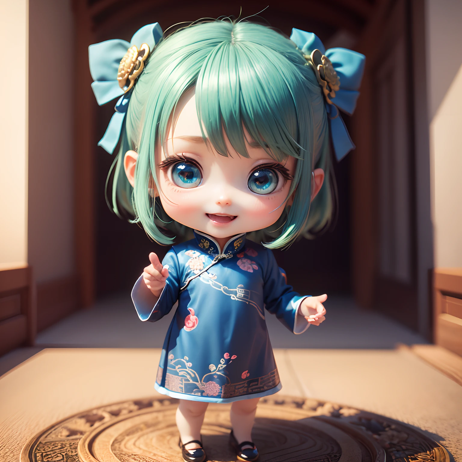 Cute Baby Chibi Anime、(((Chibi 3D))) (Best Quality), (masutepiece)、Chibihime、Open your mouth and smile、a small face、petite body、Dark green hair color、(Blue Chinoiserie Dress:1.5))Blue pin heel with ribbon、Standing、Fairytale autumn forest