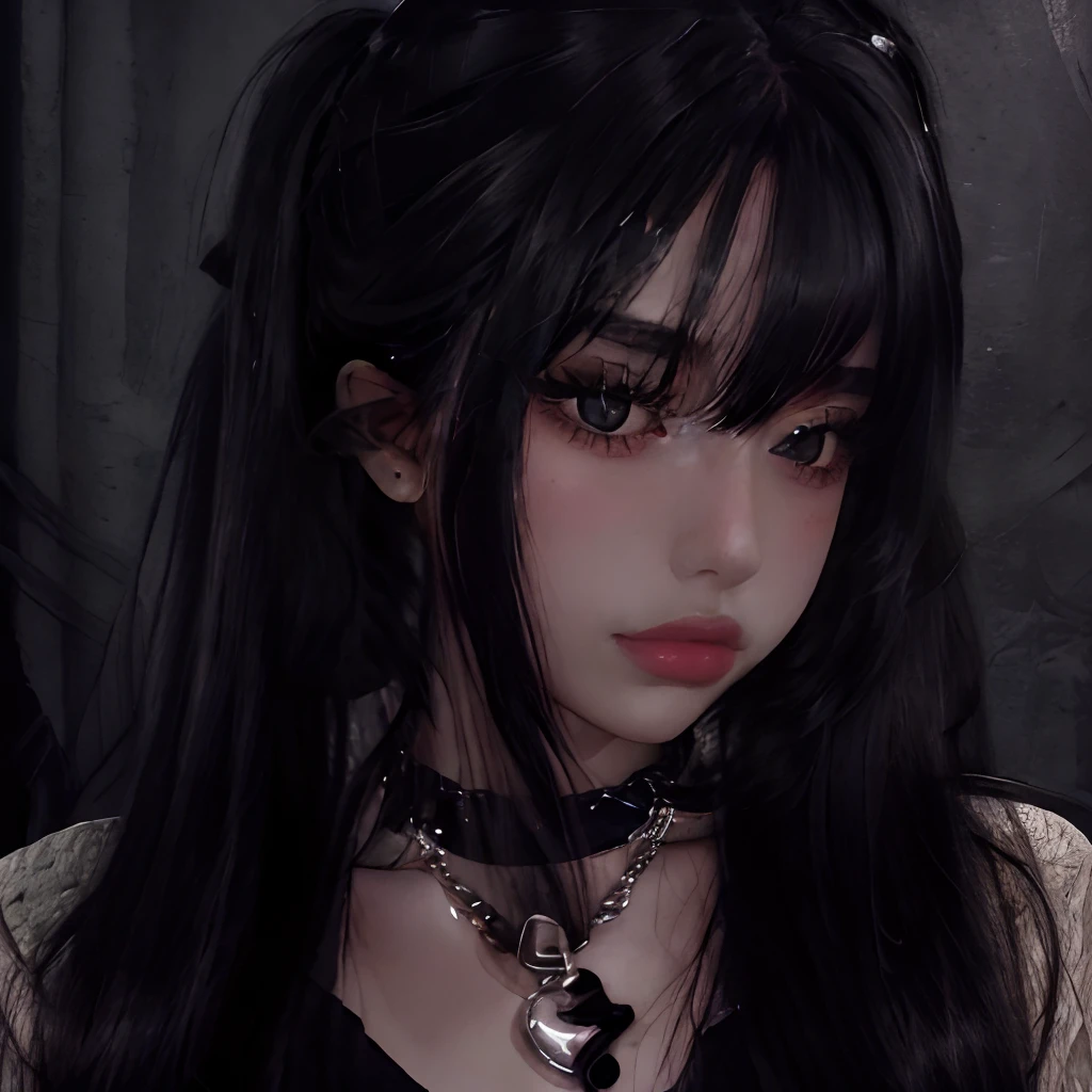 masterpiece, best quality,realistic,absurdres,1girl,looking at viewer,long hair,egirl_outfit,egirl_face, night, black hair, bedroom, face detail, face retouch, beautiful lighting, uper body shot, upper body, twintails, black clothing, touching hair, playing with hair