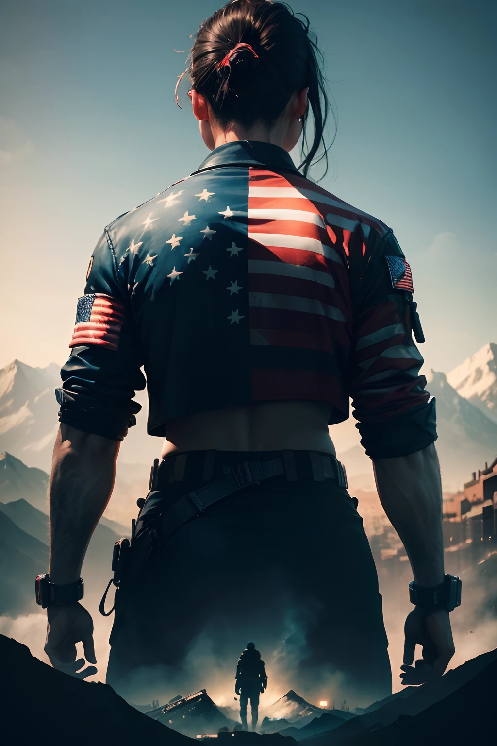 (best quality,4k,highres,masterpiece:1.2),ultra-detailed,(realistic:1.37),(HDR,UHD),(vivid colors:1.1),sharp focus,detailed clothing,mysterious atmosphere,backlit silhouette,powerful composition,impressive scale,technological elements,neon lights,gritty urban landscape,cybernetic implants,holographic projections,dark shadows,pulsating energy fields,cityscape filled with skyscrapers,blue tones,expansive view,majestic mountain range,ominous clouds,dynamic perspective,captivating sense of adventure,perseverance and determination,proud stance,detailed american flag,wisps of steam,impressive sense of height,dystopian future,sharp edges,urban decay,imposing presence,industrial structures,graffiti-covered walls,subtle glow of the setting sun,urban exploration sensation,thrilling journey,hidden secrets,daydream-like atmosphere