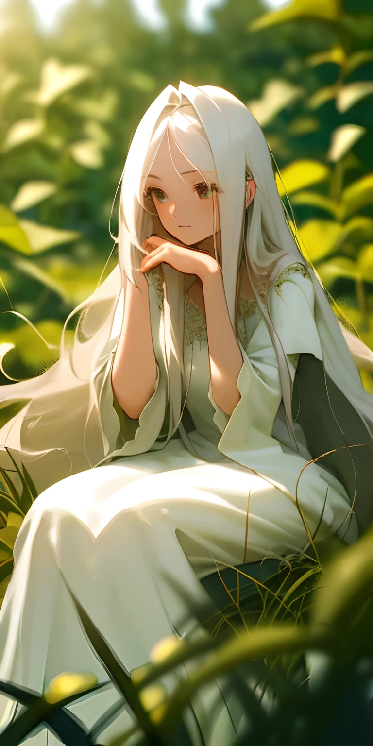 (masterpiece, best quality),1girl with long white hair sitting in a field of green plants and flowers, her hand under her chin, warm lighting, white dress, blurry foreground