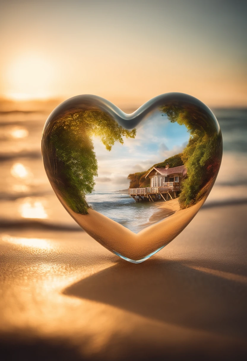 Double exposure of a glass heart on the beta ra of a surfboard,  immersed in a soft and romantic atmosphere.  Use the double exposure technique to create a vivid, dynamic picture.  Inside the glass heart, Visualize a beautiful summer landscape with a picturesque summer bungalow in front of a beach with waves amid the vibrant summer sunset, All created using the tilt-shift technique, 3D effect and sharp contrast.  Around the glass heart, a atmosfera deve ressoar com amor e romance, with soft pastel tones and warm lights creating a mesmerizing and inviting setting.  Make sure that the autumnal landscape and charming cottage inside the glass heart have a vibrant and detailed look, forming a quiet and romantic environment that blends harmoniously with the tender and romantic environment.
  Necessary for this purpose: Alquimia, PromptMagicV3, PhotoReal ou DreamShaperV7