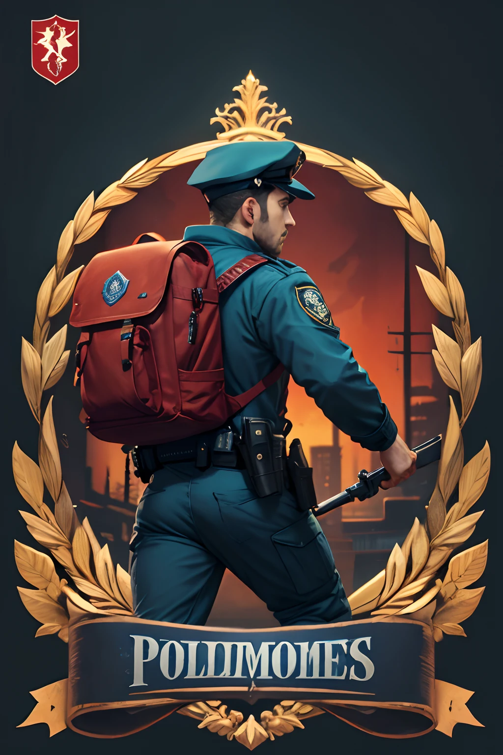Logo emblem of the weapons of BLUE POLICE UNIFORM RUNNING WITH A RED BACKPACK ON THE BACK, silhuetas, faixa ornamental