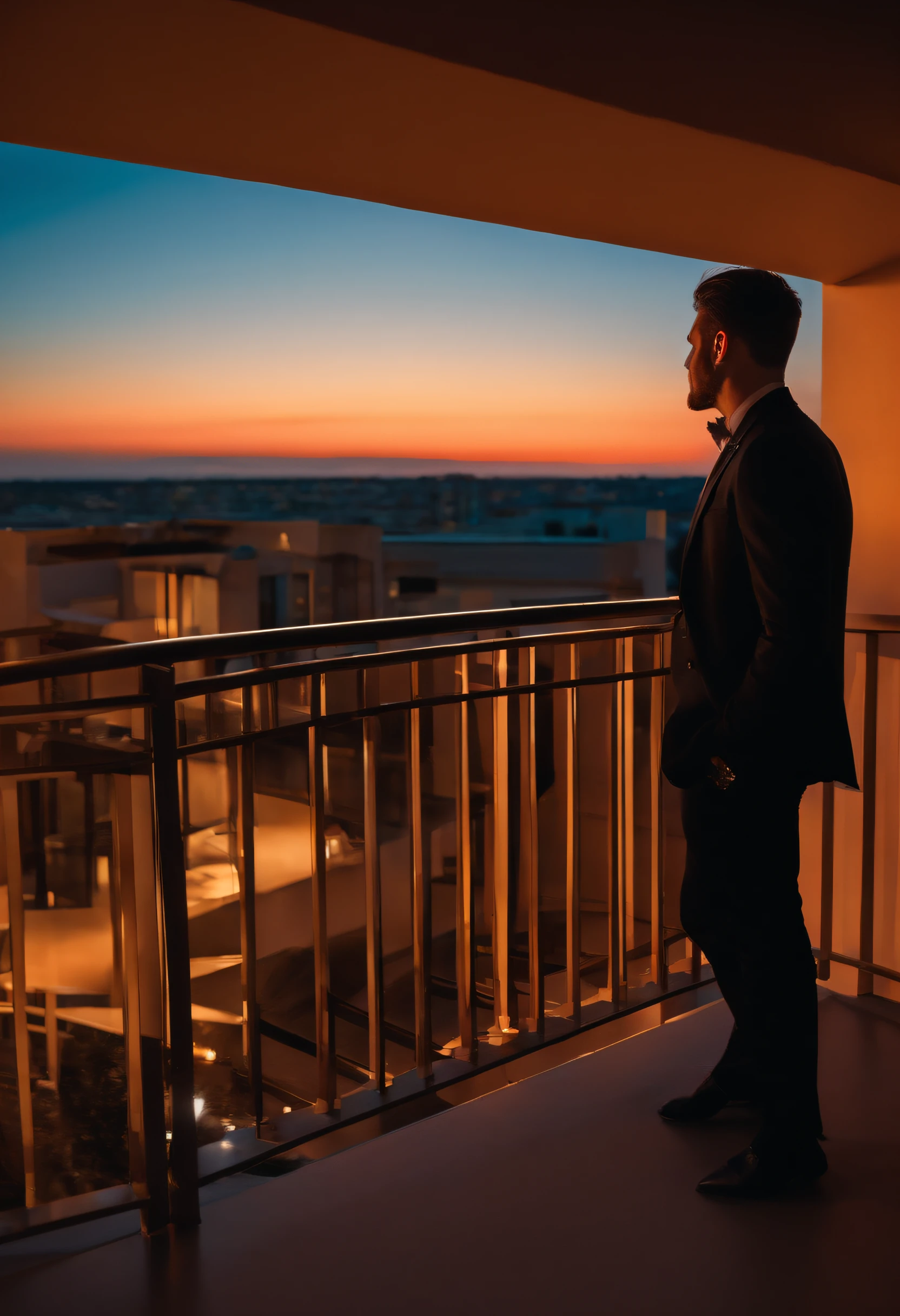 Modern man in black suit on balcony watching the sunset