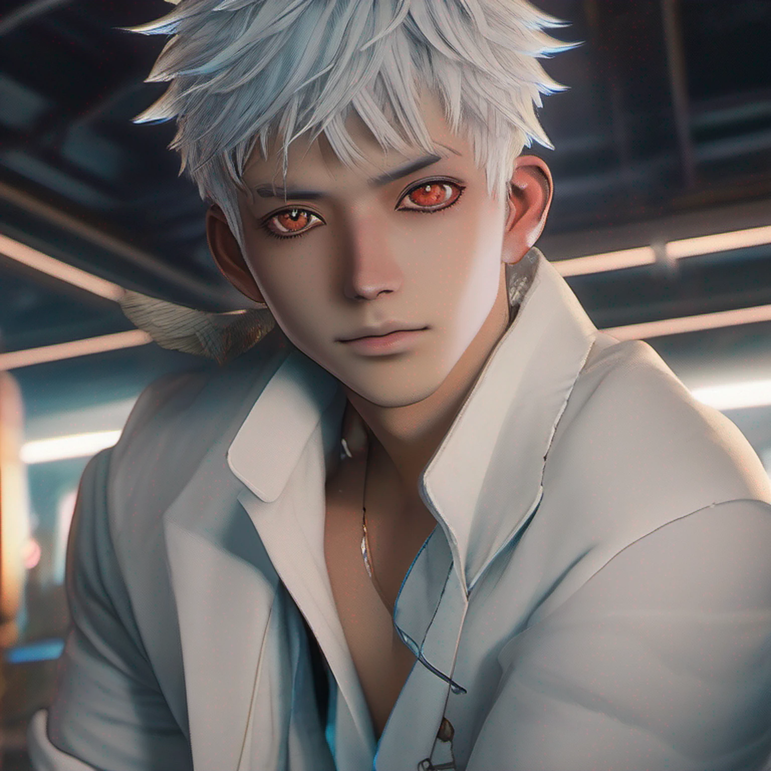 ((High detail、Cinematic lighting))、messy white hair、aquamarine eyes、white lashes、raios de deus、ray tracing、sombra projetada、optical illusion、Parte superior do corpo、looking at the camera、master part、((Super Detalhe、melhor qualidade、8k))、Jujutsu Kaisen、Gojo Gojo、Traje preto、Surgical deployment、Fundo preto do jato perfeito、olhar sereno、Ser Poderoso、mystic atmosphere、(Estranho luar、Ominous shadows、 Aura azul intensa、 Aura vermelha intensa、Symbol of the power that surrounds you、Radiating Magical Energy、Mystical artifacts、Ether particles、dinamic pose、Epic Power.