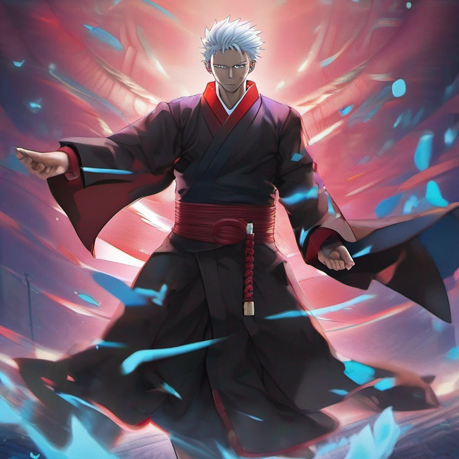 ((High detail、Cinematic lighting))、messy white hair、aquamarine eyes、white lashes、raios de deus、ray tracing、sombra projetada、optical illusion、Parte superior do corpo、looking at the camera、master part、((Super Detalhe、melhor qualidade、8k))、Jujutsu Kaisen、Gojo Gojo、Traje preto、Surgical deployment、Fundo preto do jato perfeito、olhar sereno、Ser Poderoso、mystic atmosphere、(Estranho luar、Ominous shadows、 Aura azul intensa、 Aura vermelha intensa、Symbol of the power that surrounds you、Radiating Magical Energy、Mystical artifacts、Ether particles、dinamic pose、Epic Power.