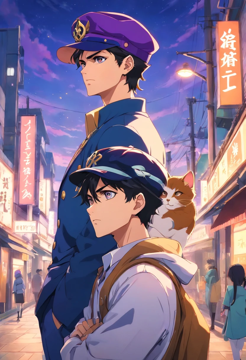 Anime boy with a purple hat and a cat on his shoulder, inspirado por Okumura Masanobu, inspirado por Okumura Togyu, inspirado por Ryuzaburo Umehara, inspirado por Un'ichi Hiratsuka, Yukio - E, Kazuto Okata., estilo anime", Jotaro Kujo, inspirado por Kamisaka Sekka