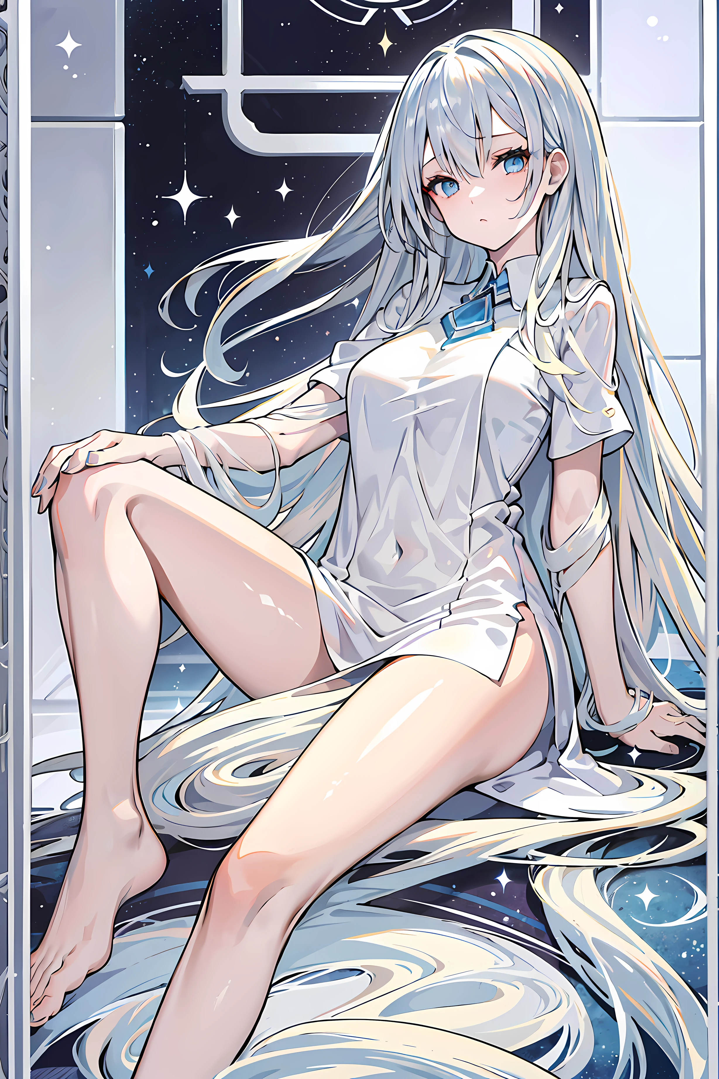 ((masterpiece)), (Highest quality), (Simple style), Silver hair, long hair, blue eyes, indoors, naked, no underwear, dress shirt, open clothes, bare shoulders, light smile, sitting, mysterious space, open legs 