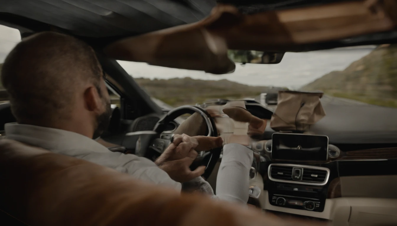 Create an image of a Inside a Mercedes Vito we see its driver, a 30-year-old European man wearing work clothes, he is driving to deliver door-to-door orders Image must be in 8K UHD resolution, photo inside off the van from driver site taken with a Fujifilm XT3 camera.