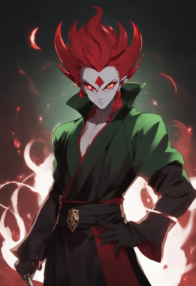 male PRG character, red-skinned demon, cursed, green hair, Horns, red eyes, wizard, black robes, thin, without muscles, with baggy black clothes, dark red skin, Meliodas, demon slayer art, closed clothes, thin, without weapons, Arms crossed, red skin, Tiefling, Dr.stone style, Hisoka, Sukuna, devil, witch clothes, black robes, medieval, off size clothes, Hell, red skin