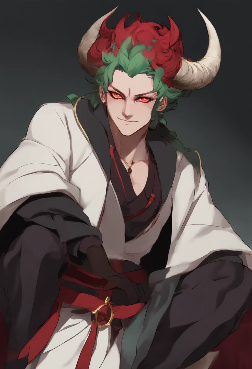 male PRG character, red-skinned demon, cursed, green hair, Horns, red eyes, wizard, black robes, thin, without muscles, with baggy black clothes, dark red skin, Meliodas, demon slayer art, closed clothes, thin, without weapons, Arms crossed, red skin, Tiefling, Dr.stone style, Hisoka, Sukuna, devil, witch clothes, black robes, medieval, off size clothes, Hell, red skin
