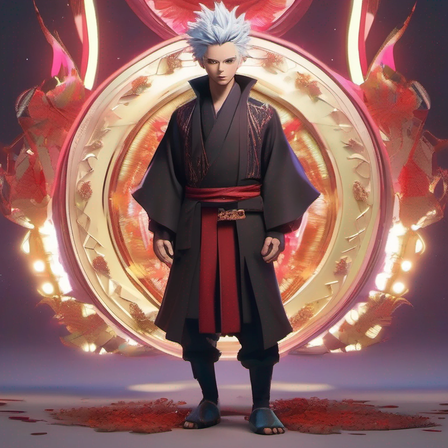 ((High detail、Cinematic lighting))、messy white hair、aquamarine eyes、white lashes、raios de deus、ray tracing、sombra projetada、optical illusion、Parte superior do corpo、looking at the camera、master part、((Super Detalhe、melhor qualidade、8k))、Jujutsu Kaisen、Gojo Gojo、Traje preto、Surgical deployment、Fundo preto do jato perfeito、olhar sereno、Ser Poderoso、mystic atmosphere、(Estranho luar、Ominous shadows、 Aura azul intensa、 Aura vermelha intensa、Symbol of the power that surrounds you、Radiating Magical Energy、Mystical artifacts、Ether particles、dinamic pose、Epic Power.
