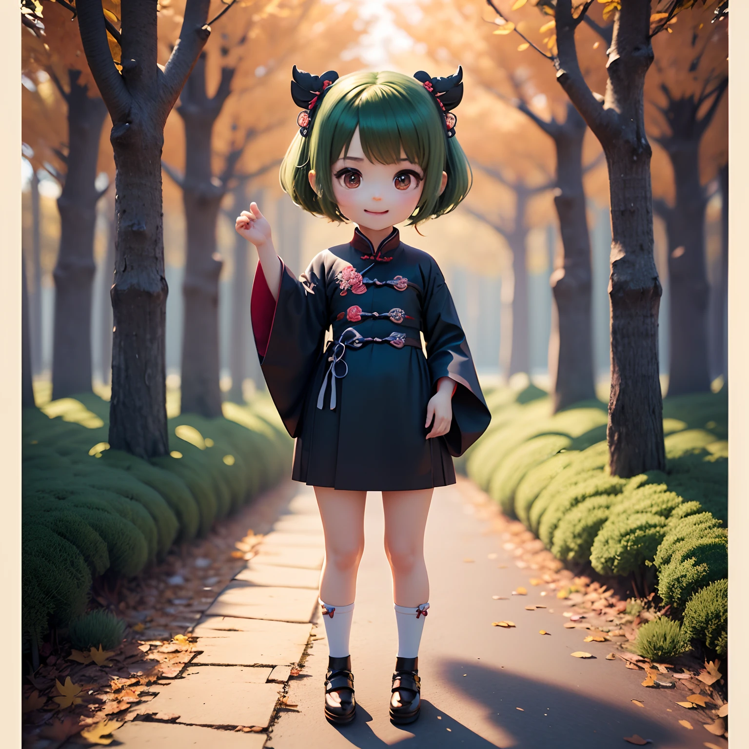 Cute Chibi Anime、(((Chibi 3D))) (Best Quality), (masutepiece)、Chibihime、Open your mouth and smile、a small face、petibody、Dark green hair color、(Bruce Chinoiseries:1.7)、Blue pin heel with ribbon、Standing、(The background is a fairytale autumn forest:1.2)