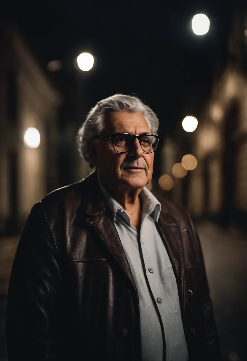 Retrato de um senhor brasileiro gordo de 170cm de altura, 55 anos, with glasses and gray hair, de tranquilidade, In the background movie scene a 6-story building on realistic flames
