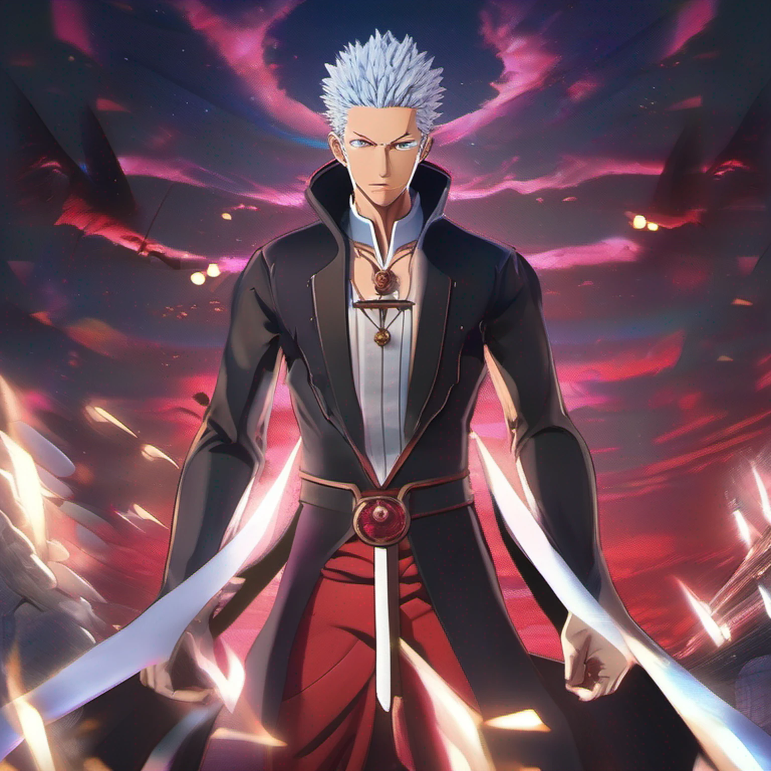 ((High detail、Cinematic lighting))、messy white hair、aquamarine eyes、white lashes、raios de deus、ray tracing、sombra projetada、optical illusion、Parte superior do corpo、looking at the camera、master part、((Super Detalhe、melhor qualidade、8k))、Jujutsu Kaisen、Gojo Gojo、Traje preto、Surgical deployment、Fundo preto do jato perfeito、olhar sereno、Ser Poderoso、mystic atmosphere、(Estranho luar、Ominous shadows、 Aura azul intensa、 Aura vermelha intensa、Symbol of the power that surrounds you、Radiating Magical Energy、Mystical artifacts、Ether particles、dinamic pose、Epic Power.