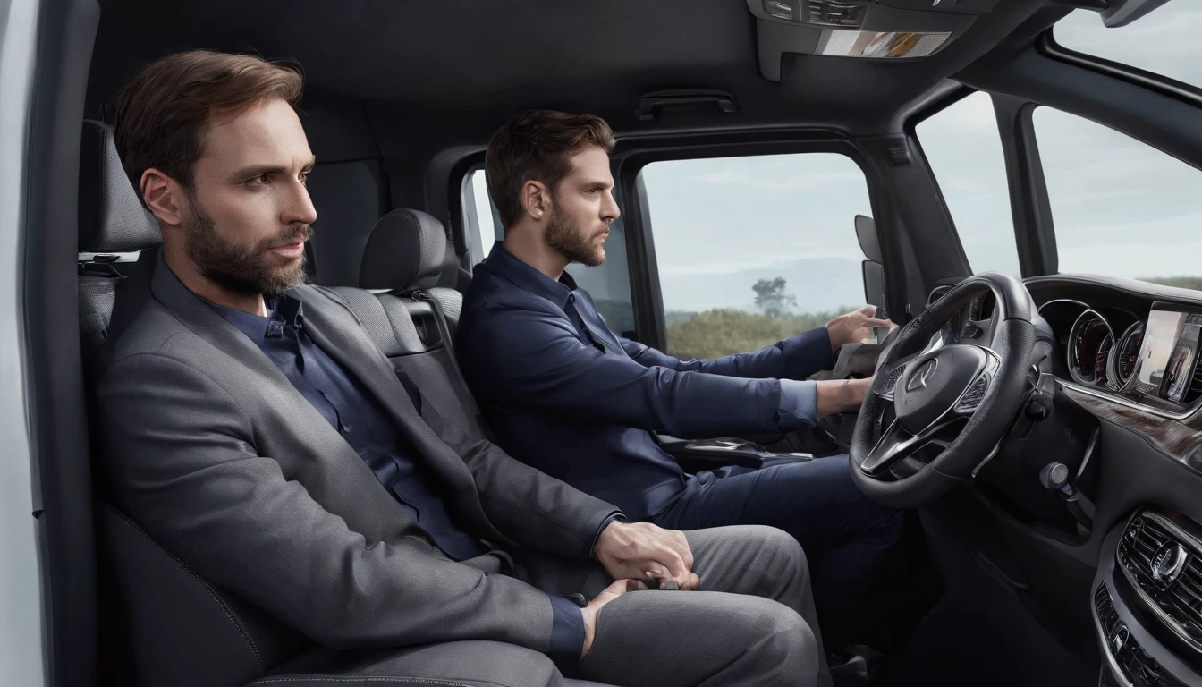 Create an image of a Inside a Mercedes Vito we see its driver, a 30-year-old European man wearing work clothes, he is driving to deliver door-to-door orders Image must be in 8K UHD resolution, photo inside off the van from driver site taken with a Fujifilm XT3 camera.