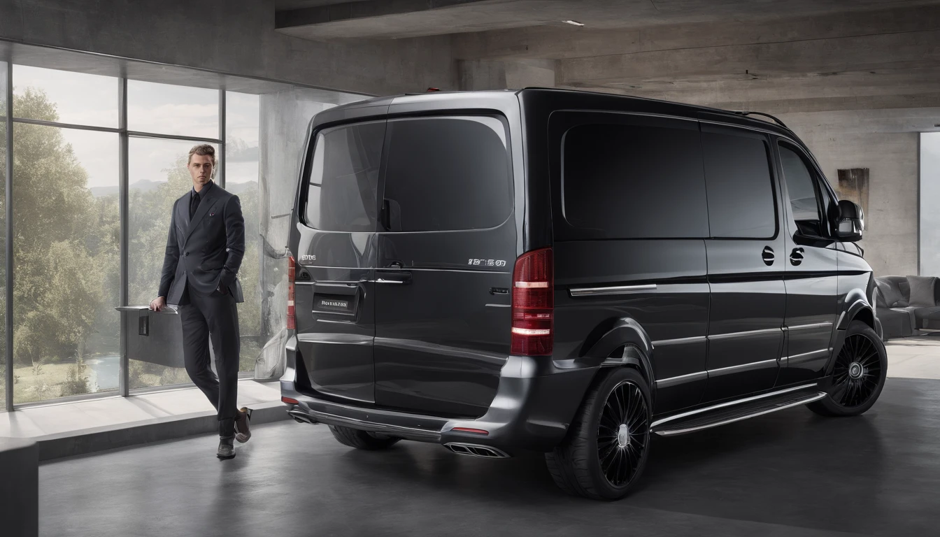 Create an image of a Inside a Mercedes Vito we see its driver, a 30-year-old European man wearing work clothes, he is driving to deliver door-to-door orders Image must be in 8K UHD resolution, photo inside off the van from driver site taken with a Fujifilm XT3 camera.
