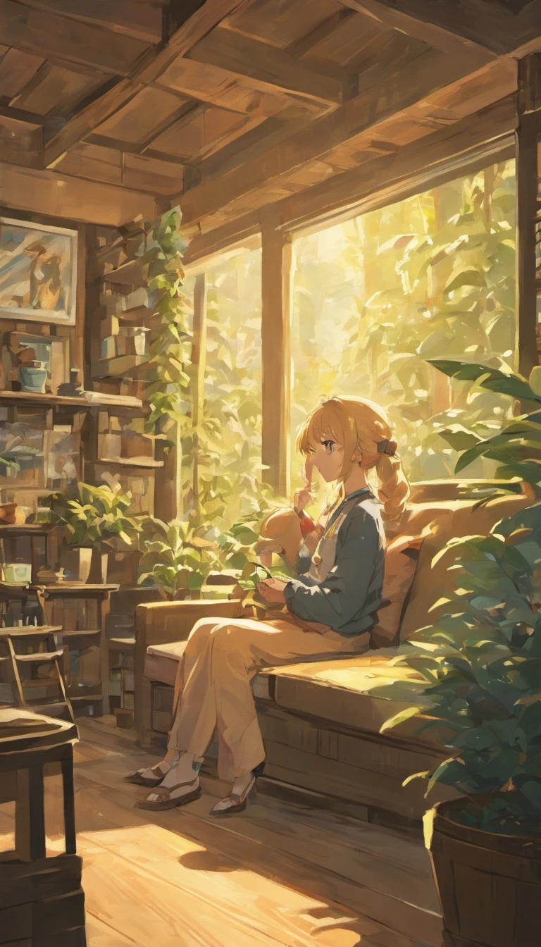 A moving scene of a philosopher sharing a deep reflection in a cozy living room made of wood and indoor plants, while a diverse group of listeners sat in a circle around him, Absorb every word with intense concentration, arte digital y realista, Tonos de azul y dorado para resaltar el medio ambiente