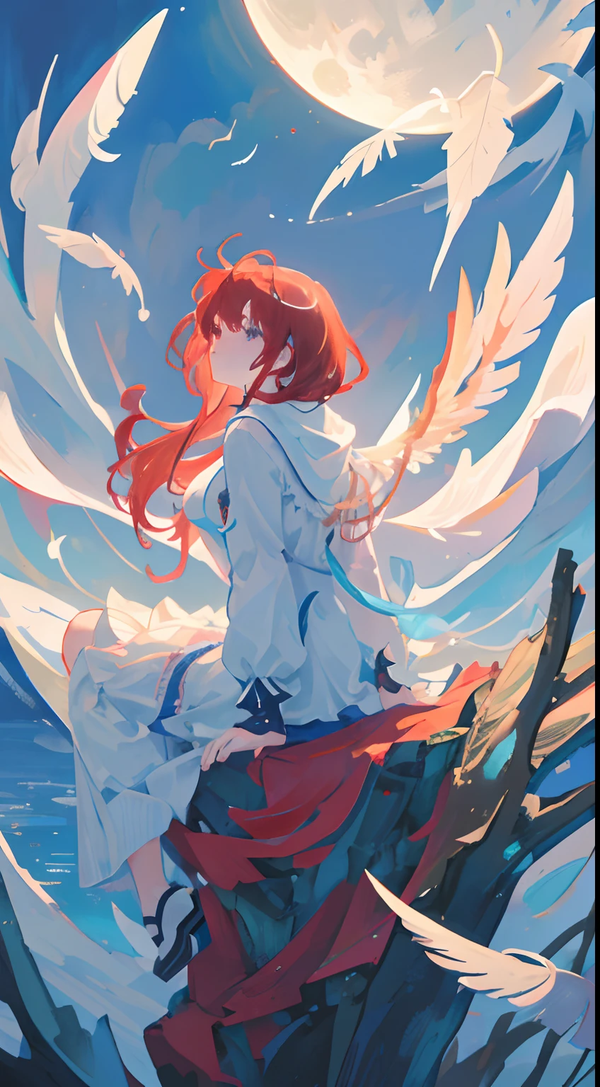 (masterpiece), best quality, gorgeous, angel alone in a river,full moon on the sky,backlight, wings, feathers, trees at the side, full moon,clouds, beautiful sky, artistic, solitude, alone, solo, birds, sensual, red clothes, perfect face, expressive eyes, wet, water drops, wind, breeze, misteryous, simple