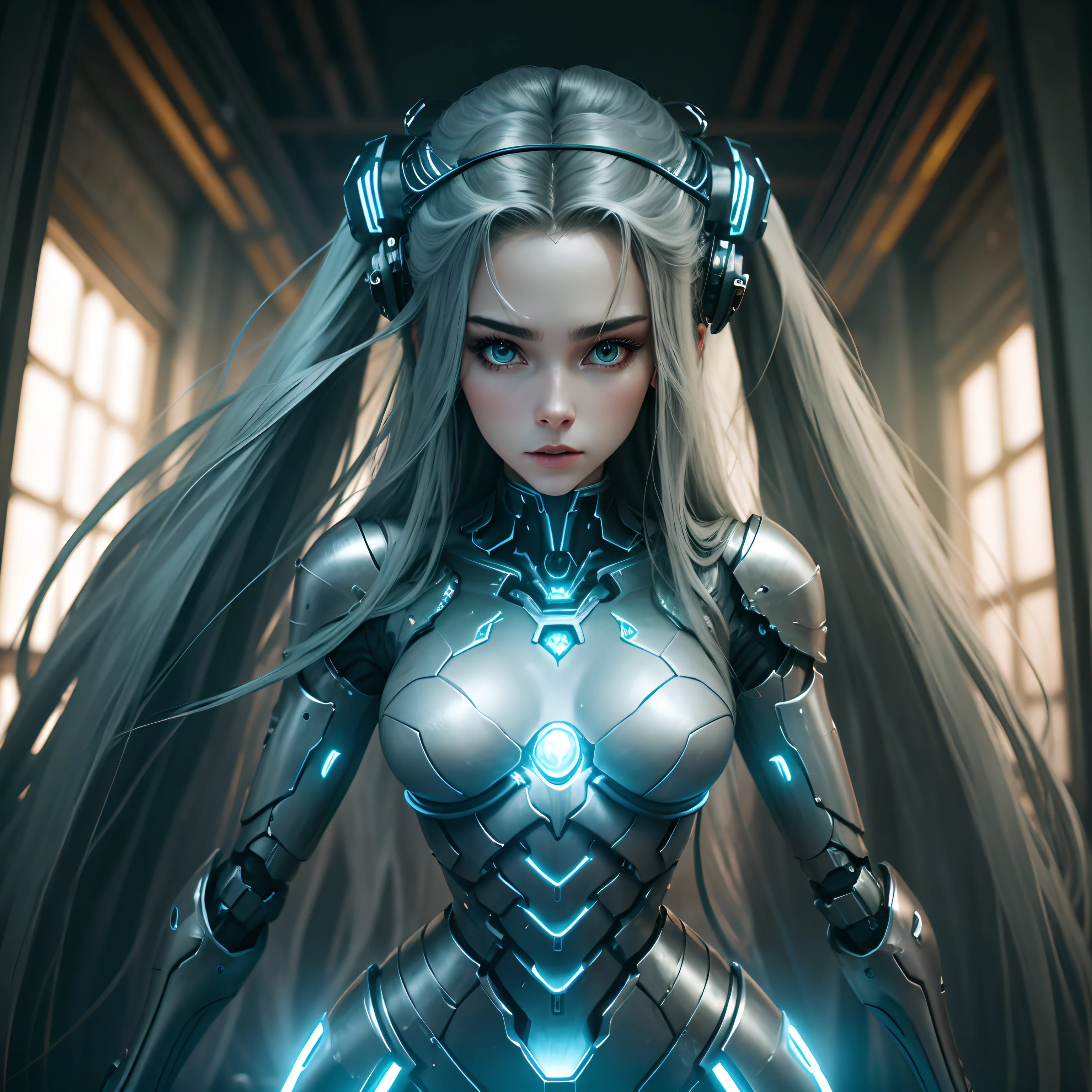 studio photo, beautiful robotic metal woman standing alone, strange fantasy image, odd glowing rocks, beautiful, detailed, long flowing hair, medium breasts, great skin texture