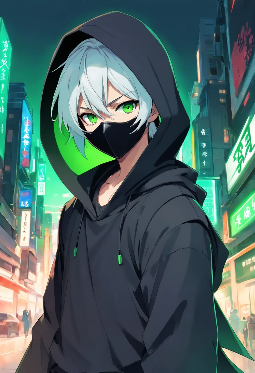 Ninja boy with black hood and black mask with white hair and green eyes