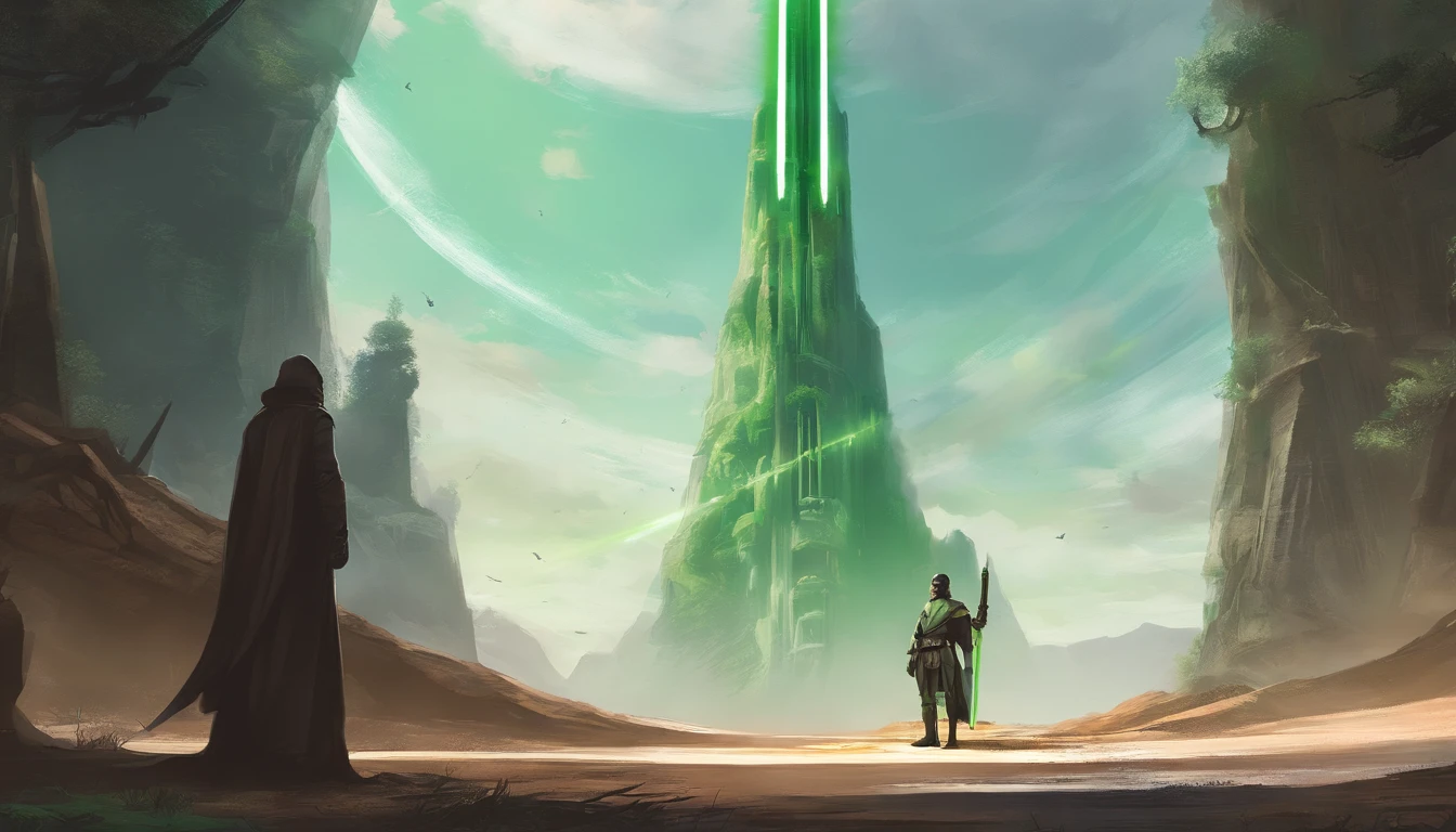 Qi gon fron star wars with his green lightsaber , fisheye, view from the ground