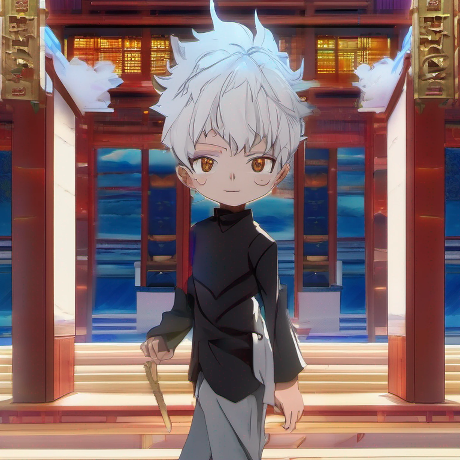 Prompt: (obra-prima, illustration, anime:1.3), Satoru Gojo de Jujutsu Kaisen, (classic black costume:1.2), Standing inside a temple at night, (white messy hair:1.1), (olhos azuis emitindo luz azul:1.2), (calm expression:1.1), (olhos descobertos:1.1), (powerful presence:1.2), (mystic atmosphere:1.2), (luz sutil do luar:1.1), (arquitetura intrincada do templo:1.2), (Ominous shadows:1.1), (vestes fluidas:1.1), (dobras e vincos detalhados:1.1), (aura azul intensa:1.2), (symbols of power that surround you:1.1), (Radiating Magical Energy:1.2), (spell gestures:1.1), (artefatos misteriosos:1.1), (ethereal particles:1.1), (dinamic pose:1.2), (Epic Soundtrack:1.2), (sense of wonder:1.1), (magical feat:1.1). This prompt shows an anime illustration with Satoru Gojo from Jujutsu Kaisen. Gojo is shown wearing his classic black costume inside a temple at night. Her white hair is messy, e seus olhos azuis emitem uma luz azul radiante. The illustration captures Gojo's calm expression, the powerful presence and mystical atmosphere of the scene. A arquitetura intrincada do templo, a luz sutil do luar e as sombras sinistras contribuem para o ambiente geral. O alerta enfatiza a intensa aura azul de Gojo, charming gestures and the sense of wonder surrounding his magical feats. A obra de arte visa mostrar a natureza cativante de Satoru Gojo como um feiticeiro radiante.