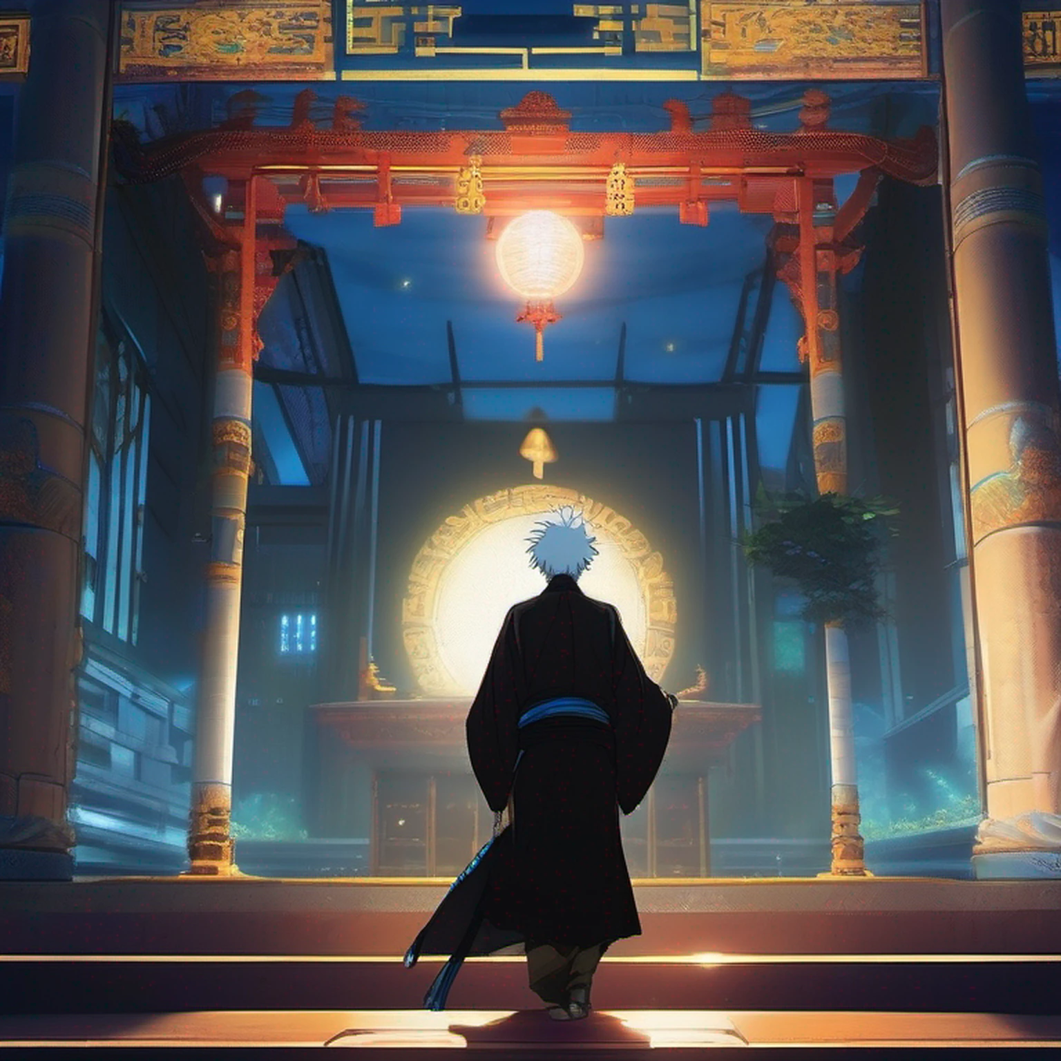 Prompt: (obra-prima, illustration, anime:1.3), Satoru Gojo de Jujutsu Kaisen, (classic black costume:1.2), Standing inside a temple at night, (white messy hair:1.1), (olhos azuis emitindo luz azul:1.2), (calm expression:1.1), (olhos descobertos:1.1), (powerful presence:1.2), (mystic atmosphere:1.2), (luz sutil do luar:1.1), (arquitetura intrincada do templo:1.2), (Ominous shadows:1.1), (vestes fluidas:1.1), (dobras e vincos detalhados:1.1), (aura azul intensa:1.2), (symbols of power that surround you:1.1), (Radiating Magical Energy:1.2), (spell gestures:1.1), (artefatos misteriosos:1.1), (ethereal particles:1.1), (dinamic pose:1.2), (Epic Soundtrack:1.2), (sense of wonder:1.1), (magical feat:1.1). This prompt shows an anime illustration with Satoru Gojo from Jujutsu Kaisen. Gojo is shown wearing his classic black costume inside a temple at night. Her white hair is messy, e seus olhos azuis emitem uma luz azul radiante. The illustration captures Gojo's calm expression, the powerful presence and mystical atmosphere of the scene. A arquitetura intrincada do templo, a luz sutil do luar e as sombras sinistras contribuem para o ambiente geral. O alerta enfatiza a intensa aura azul de Gojo, charming gestures and the sense of wonder surrounding his magical feats. A obra de arte visa mostrar a natureza cativante de Satoru Gojo como um feiticeiro radiante.