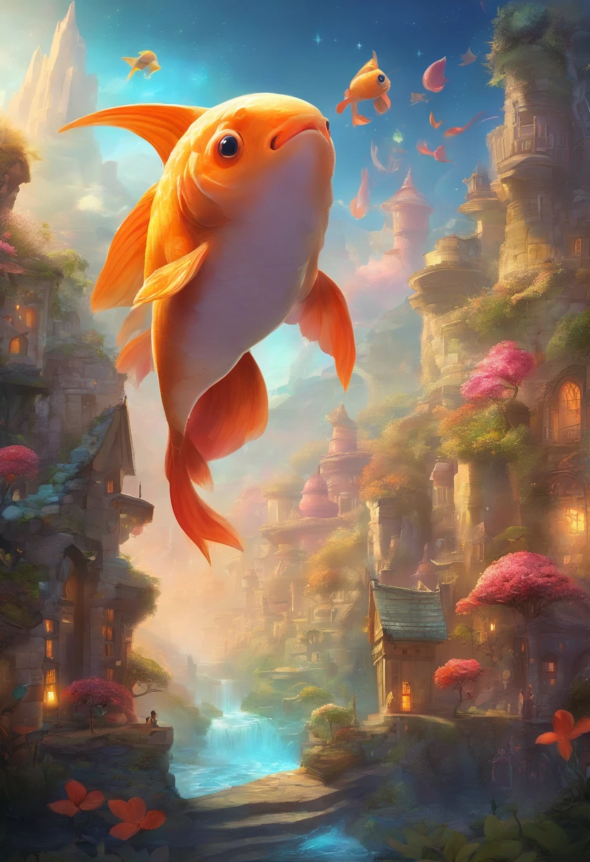 Stars shine,Colorful,Huge goldfish float over the city,Huge tail,Cute and cute,KIDS ILLUSTRATION,Glow effects,Dingdall effect,depth of fields,high light,Real light,Ray traching,oc rendered,Hyper-realistic,best qualtiy,8K,Works of masters,super-fine,Detailed pubic hair,Correct anatomy