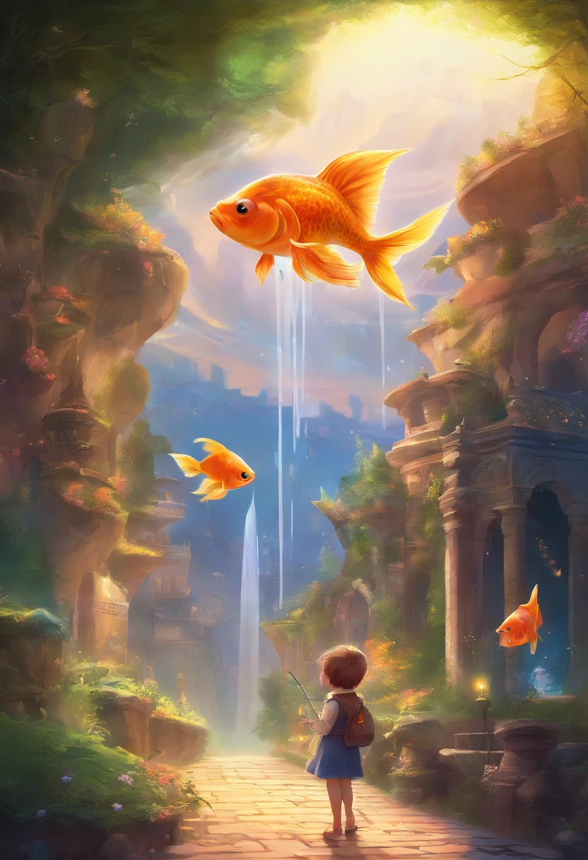 Stars shine,Colorful,Huge goldfish float over the city,Huge tail,Cute and cute,KIDS ILLUSTRATION,Glow effects,Dingdall effect,depth of fields,high light,Real light,Ray traching,oc rendered,Hyper-realistic,best qualtiy,8K,Works of masters,super-fine,Detailed pubic hair,Correct anatomy