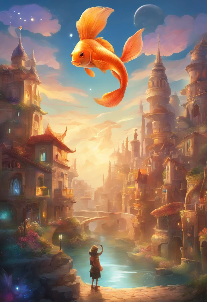 Stars shine，Colorful，Huge goldfish float over the city，Huge tail，Cute and cute，KIDS ILLUSTRATION，Glow effects，Dingdall effect，depth of fields，high light，Real light，Ray traching，oc rendered，Hyper-realistic，best qualtiy，8K，Works of masters，super-fine，Detailed pubic hair，Correct anatomy