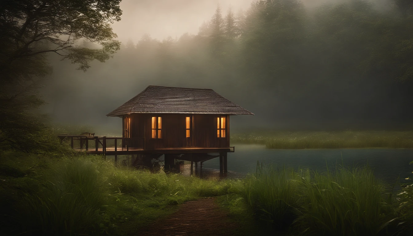 tempestade na floresta com muita neblina, uma cabine com janelas e portas iluminadas pela luz, respingos de chuva no telhado molhado, Wet vegetation, a pond in front of the hut, Realistic, High Definition Cinematic Image