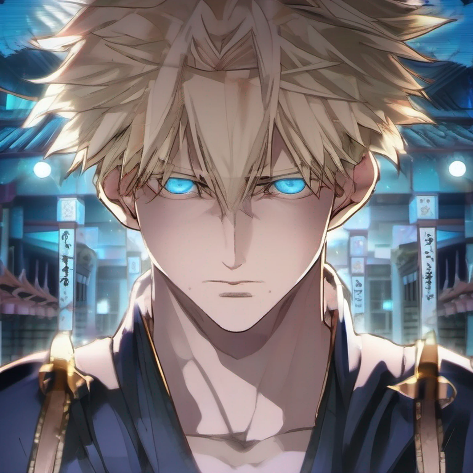 Prompt: (obra-prima, illustration, anime:1.3), Satoru Gojo de Jujutsu Kaisen, (classic black costume:1.2), Standing inside a temple at night, (white messy hair:1.1), (olhos azuis emitindo luz azul:1.2), (calm expression:1.1), (olhos descobertos:1.1), (powerful presence:1.2), (mystic atmosphere:1.2), (luz sutil do luar:1.1), (arquitetura intrincada do templo:1.2), (Ominous shadows:1.1), (vestes fluidas:1.1), (dobras e vincos detalhados:1.1), (aura azul intensa:1.2), (symbols of power that surround you:1.1), (Radiating Magical Energy:1.2), (spell gestures:1.1), (artefatos misteriosos:1.1), (ethereal particles:1.1), (dinamic pose:1.2), (Epic Soundtrack:1.2), (sense of wonder:1.1), (magical feat:1.1). This prompt shows an anime illustration with Satoru Gojo from Jujutsu Kaisen. Gojo is shown wearing his classic black costume inside a temple at night. Her white hair is messy, e seus olhos azuis emitem uma luz azul radiante. The illustration captures Gojo's calm expression, the powerful presence and mystical atmosphere of the scene. A arquitetura intrincada do templo, a luz sutil do luar e as sombras sinistras contribuem para o ambiente geral. O alerta enfatiza a intensa aura azul de Gojo, charming gestures and the sense of wonder surrounding his magical feats. A obra de arte visa mostrar a natureza cativante de Satoru Gojo como um feiticeiro radiante.