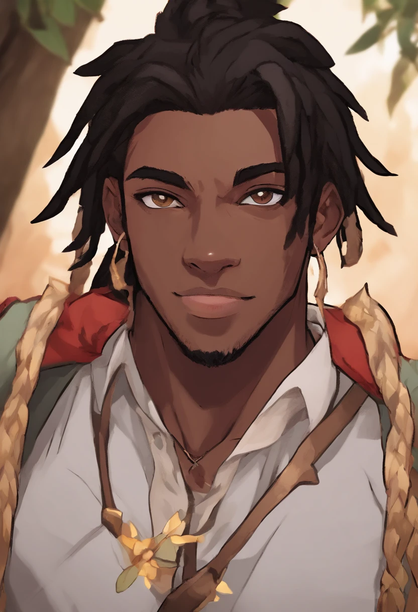dark skin teenage man, handsome, thick black dreadlock hair, brown eyes, slender, strong, spearman, handsome, anime, lion ears and tail, demon slayer artstyle