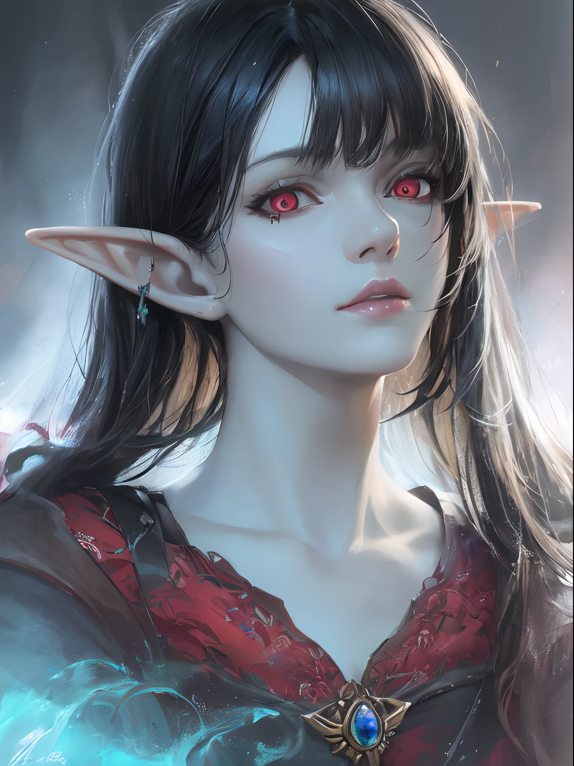 (realistic, painting style), mature, woman, elf, gray skin, fantasy clothes, long hair, black hair, beautiful hair, red eyes, black sclera, masterpiece, best quality, portrait, sharp eyes, realistic eyes, looking at viewer, dark cave,