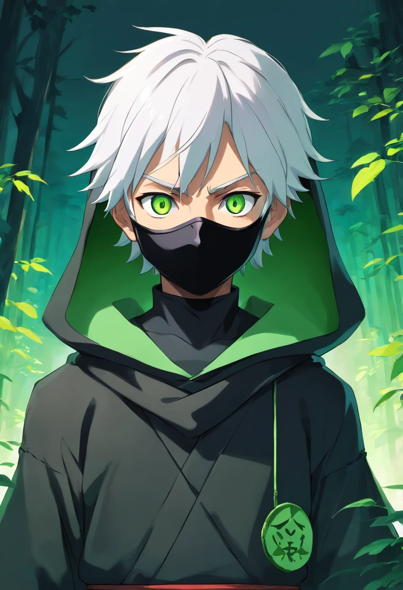 Ninja boy with black hood and black mask with white hair and green eyes