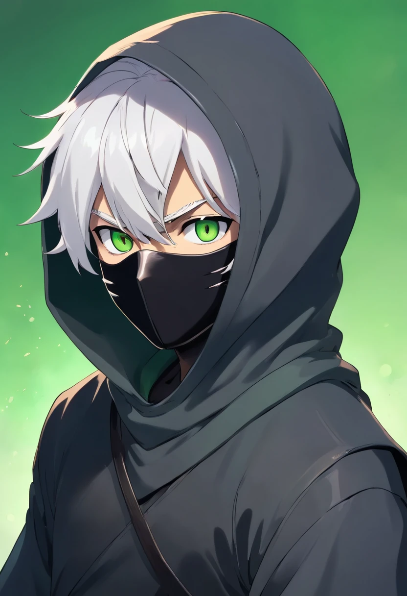 Ninja boy with black hood and black mask with white hair and green eyes
