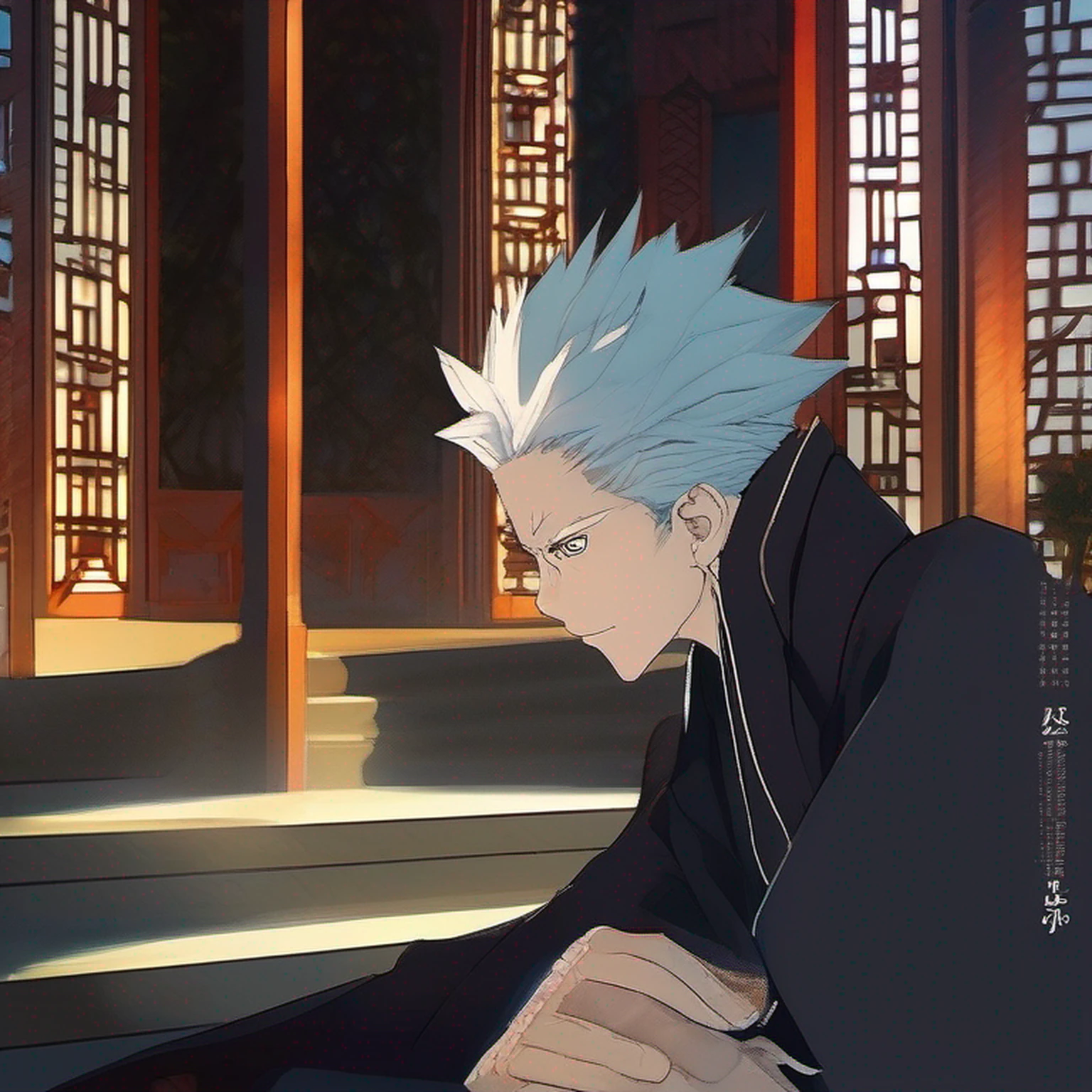 Prompt: (obra-prima, illustration, anime:1.3), Satoru Gojo de Jujutsu Kaisen, (classic black costume:1.2), Standing inside a temple at night, (white messy hair:1.1), (olhos azuis emitindo luz azul:1.2), (calm expression:1.1), (olhos descobertos:1.1), (powerful presence:1.2), (mystic atmosphere:1.2), (luz sutil do luar:1.1), (arquitetura intrincada do templo:1.2), (Ominous shadows:1.1), (vestes fluidas:1.1), (dobras e vincos detalhados:1.1), (aura azul intensa:1.2), (symbols of power that surround you:1.1), (Radiating Magical Energy:1.2), (spell gestures:1.1), (artefatos misteriosos:1.1), (ethereal particles:1.1), (dinamic pose:1.2), (Epic Soundtrack:1.2), (sense of wonder:1.1), (magical feat:1.1). This prompt shows an anime illustration with Satoru Gojo from Jujutsu Kaisen. Gojo is shown wearing his classic black costume inside a temple at night. Her white hair is messy, e seus olhos azuis emitem uma luz azul radiante. The illustration captures Gojo's calm expression, the powerful presence and mystical atmosphere of the scene. A arquitetura intrincada do templo, a luz sutil do luar e as sombras sinistras contribuem para o ambiente geral. O alerta enfatiza a intensa aura azul de Gojo, charming gestures and the sense of wonder surrounding his magical feats. A obra de arte visa mostrar a natureza cativante de Satoru Gojo como um feiticeiro radiante.