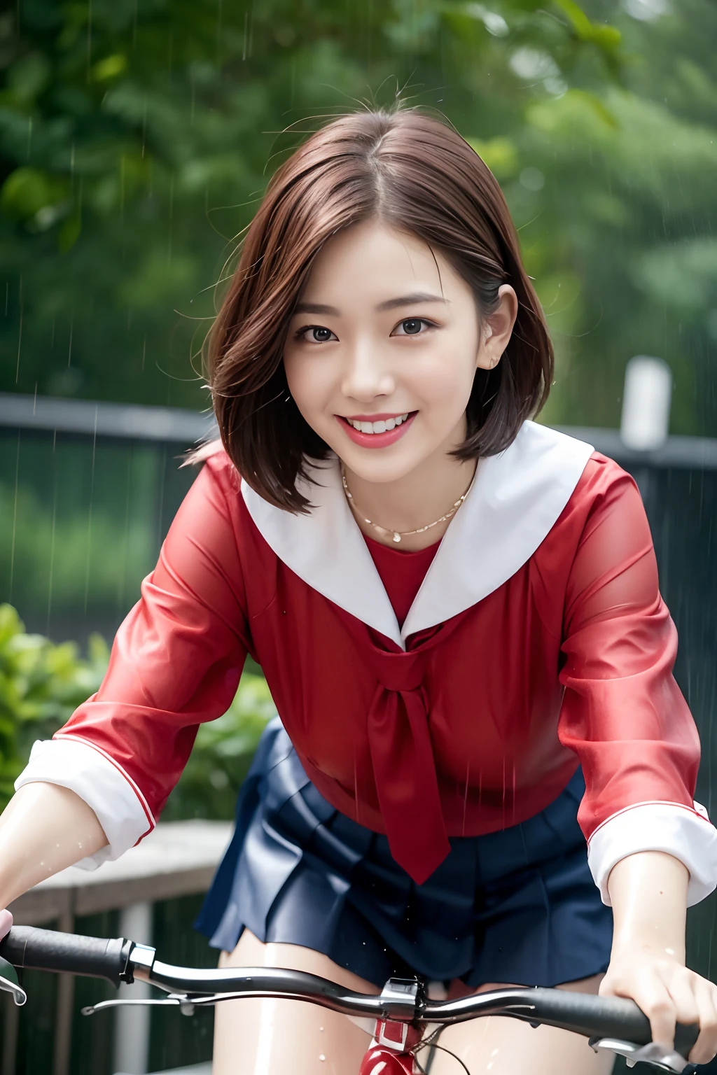 One Girl in the Rain、Blushing cheeks、((Red Bicycle))、((Riding a bike))、gazing at viewer、Heavy rain、large full breasts、A sheer sailor suit that sticks to your chest when wet、skirt by the、Girl in Japan uniform and girl in the rain 、Pedaling a bike in the rain、florals、hair pin、a necklace、piercings、Getting wet and leaning forward、from below looking up、depth of fields、pointed red mouth、short hair of reddish-brown color wet and shiny,,,,,,,,,,,,,,,,Red mouth,Black eyes、鎖骨、Beautiful fingers、Hourglass body、portrait of a full body、Loosen your tie、Wet cute smile、