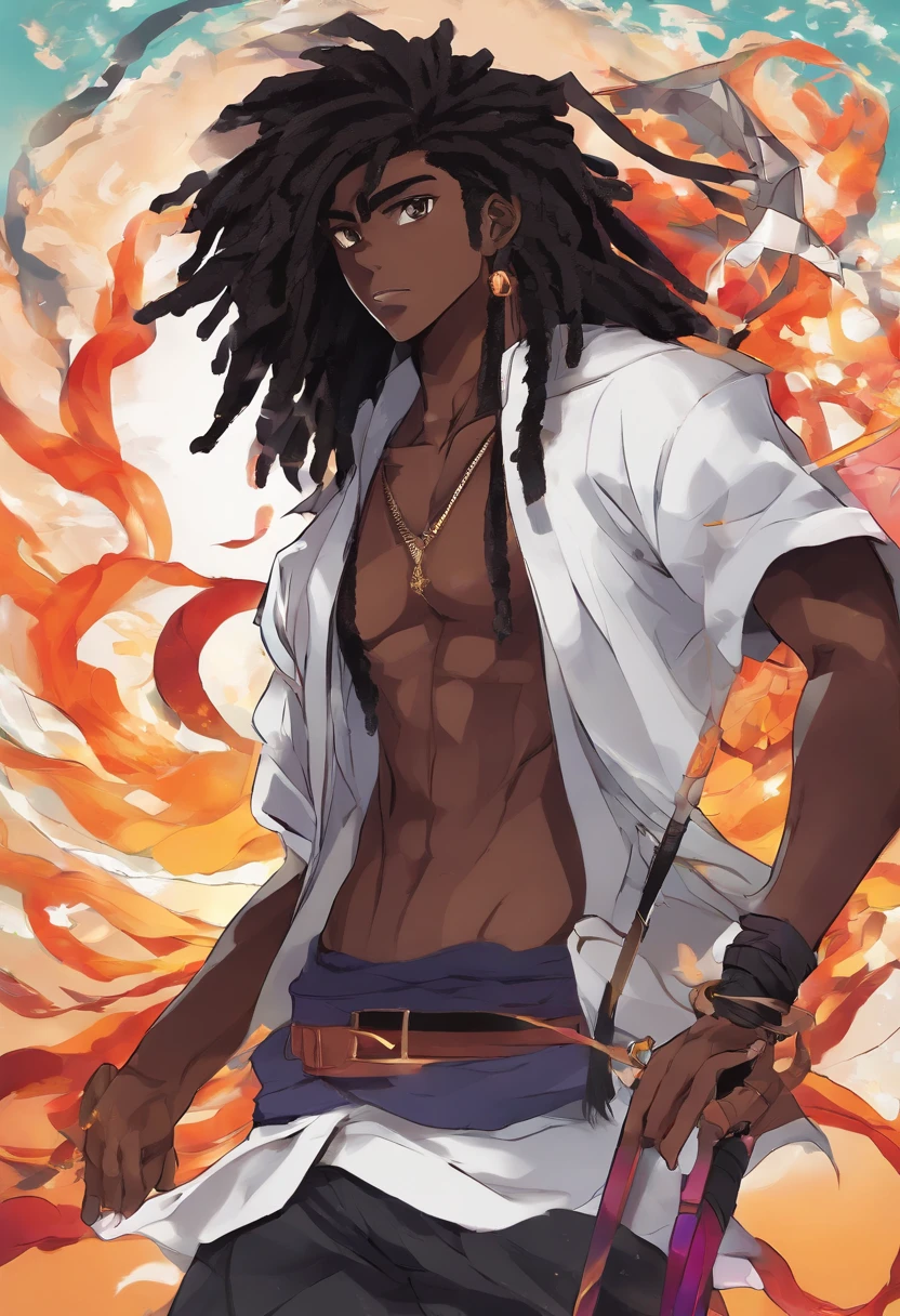 dark skin teenage man, handsome, thick black dreadlock hair, brown eyes, slender, strong, spearman, handsome, anime, lion ears and tail, demon slayer artstyle