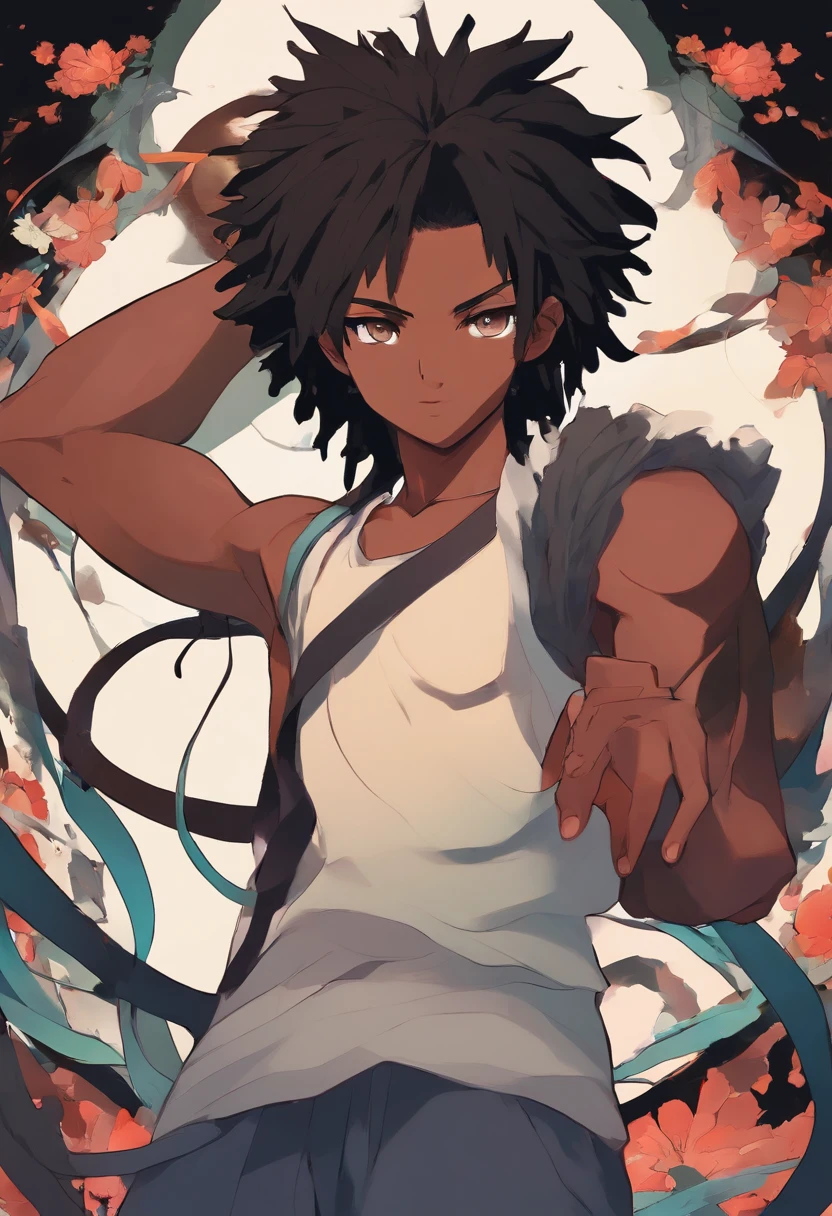 dark skin teenage man, handsome, thick black dreadlock hair, brown eyes, slender, strong, spearman, handsome, anime, lion ears and tail, demon slayer artstyle