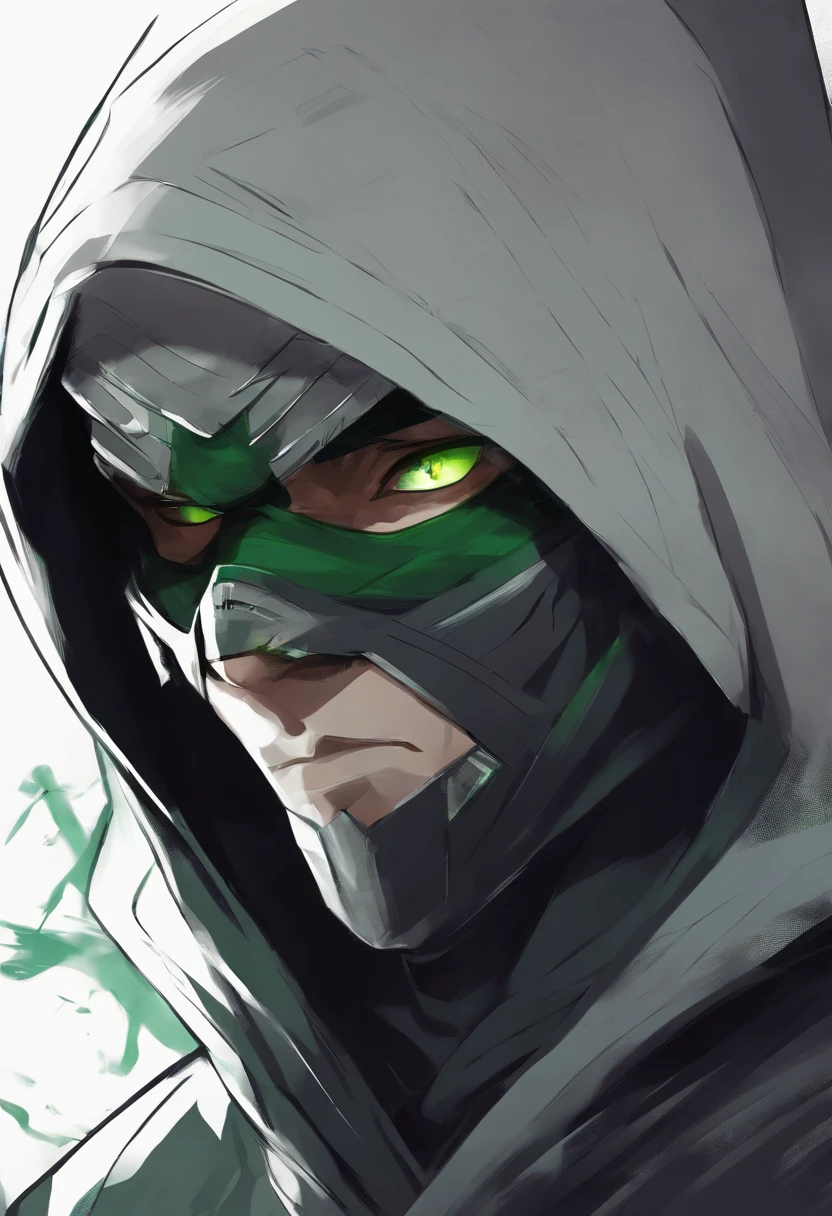 Ninja boy with black hood and black mask with white hair and green eyes