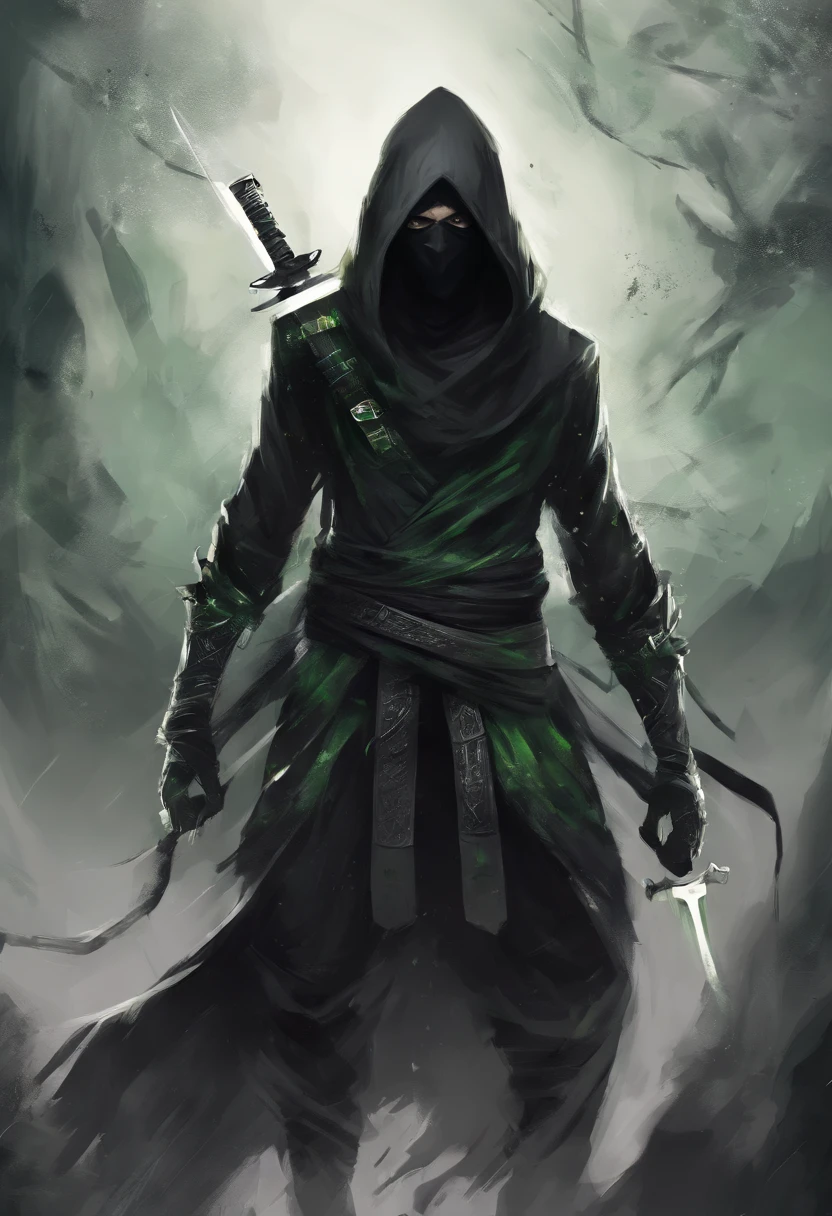 Ninja boy with black hood and black mask with white hair and green eyes