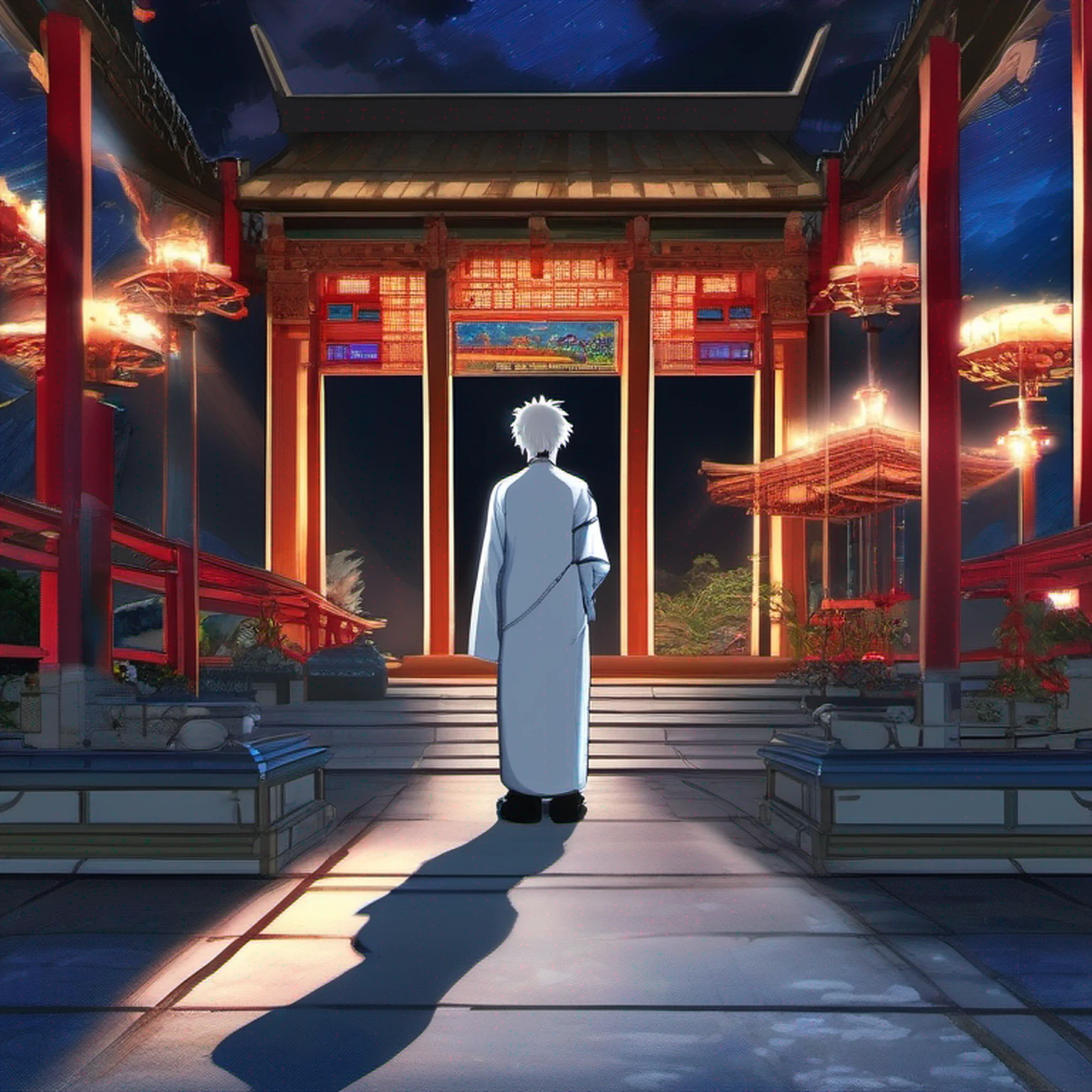 Prompt: (obra-prima, illustration, anime:1.3), Satoru Gojo de Jujutsu Kaisen, (classic black costume:1.2), Standing inside a temple at night, (white messy hair:1.1), (olhos azuis emitindo luz azul:1.2), (calm expression:1.1), (olhos descobertos:1.1), (powerful presence:1.2), (mystic atmosphere:1.2), (luz sutil do luar:1.1), (arquitetura intrincada do templo:1.2), (Ominous shadows:1.1), (vestes fluidas:1.1), (dobras e vincos detalhados:1.1), (aura azul intensa:1.2), (symbols of power that surround you:1.1), (Radiating Magical Energy:1.2), (spell gestures:1.1), (artefatos misteriosos:1.1), (ethereal particles:1.1), (dinamic pose:1.2), (Epic Soundtrack:1.2), (sense of wonder:1.1), (magical feat:1.1). This prompt shows an anime illustration with Satoru Gojo from Jujutsu Kaisen. Gojo is shown wearing his classic black costume inside a temple at night. Her white hair is messy, e seus olhos azuis emitem uma luz azul radiante. The illustration captures Gojo's calm expression, the powerful presence and mystical atmosphere of the scene. A arquitetura intrincada do templo, a luz sutil do luar e as sombras sinistras contribuem para o ambiente geral. O alerta enfatiza a intensa aura azul de Gojo, charming gestures and the sense of wonder surrounding his magical feats. A obra de arte visa mostrar a natureza cativante de Satoru Gojo como um feiticeiro radiante.
