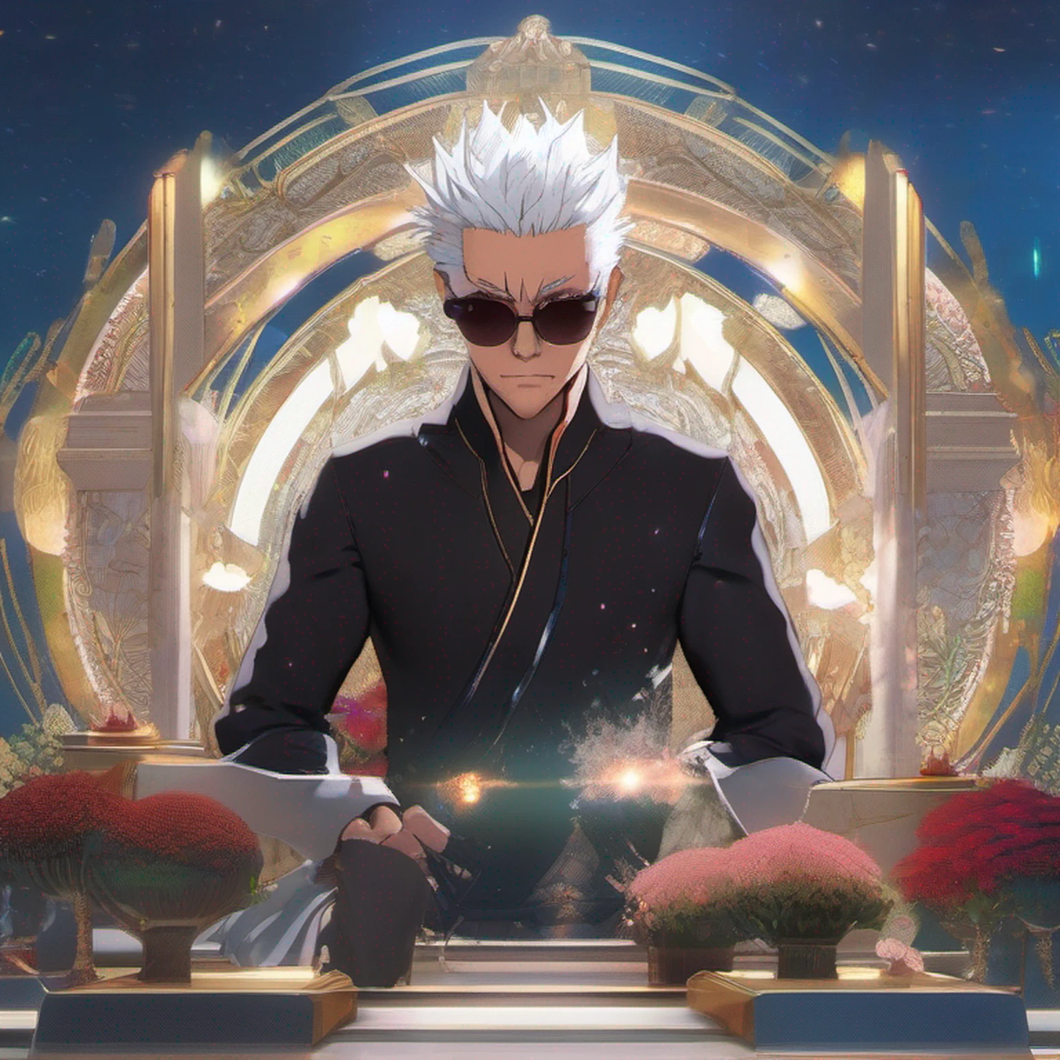 ((High detail、Cinematic lighting))、messy white hair、aquamarine eyes、white lashes、raios de deus、ray tracing、sombra projetada、optical illusion、Parte superior do corpo、looking at the camera、master part、((Super Detalhe、melhor qualidade、8k))、Jujutsu Kaisen、Gojo Gojo、Traje preto、Surgical deployment、Fundo preto do jato perfeito、olhar sereno、Ser Poderoso、mystic atmosphere、(Estranho luar、Ominous shadows、 Aura azul intensa、 Aura vermelha intensa、Symbol of the power that surrounds you、Radiating Magical Energy、Mystical artifacts、Ether particles、dinamic pose、Epic Soundtrack、a sense of wonder、(((Detailed hand)))、Sunglass